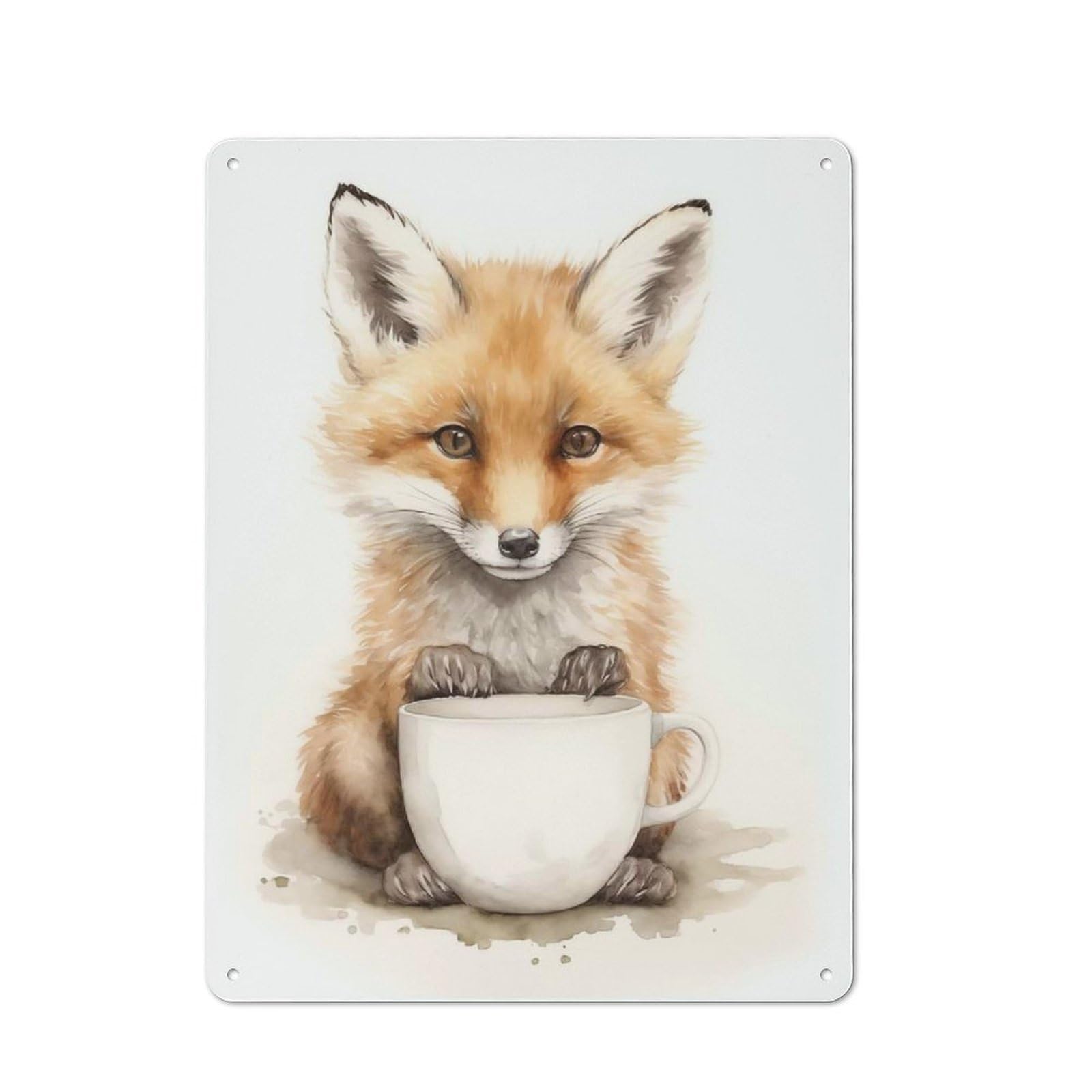 Junmoney Fox With Coffee Mug Kitchen Metal Sign With Design 40X30cm, Classic Diner Style Decor For Coffee Bar, Kitchen, Bistro Or Tea Corner