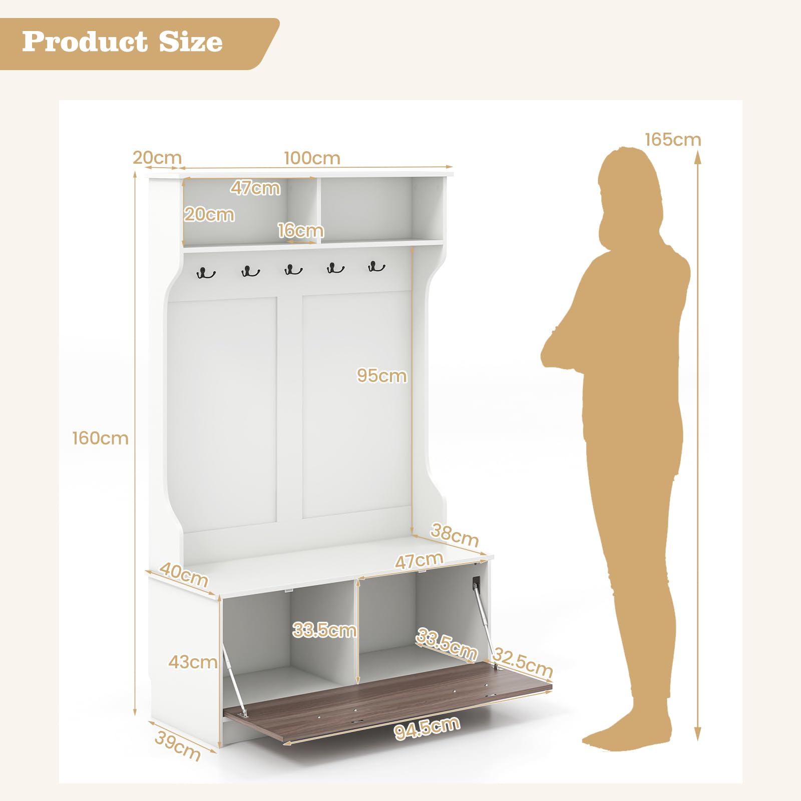 GIANTEX Appendiabiti con Panca da Scarpe, Armadio con Panca Portaoggetti e 5 Ganci e Scomparti, Mobile d'Ingresso Moderno per Corridoio, Camera da Letto, 100x40x160 cm (Bianco)