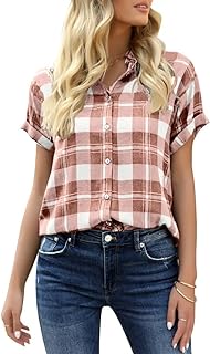 Women's Plaid Short Sleeve Button Down Shirt Casual Summer Blouses Tops - Buy now