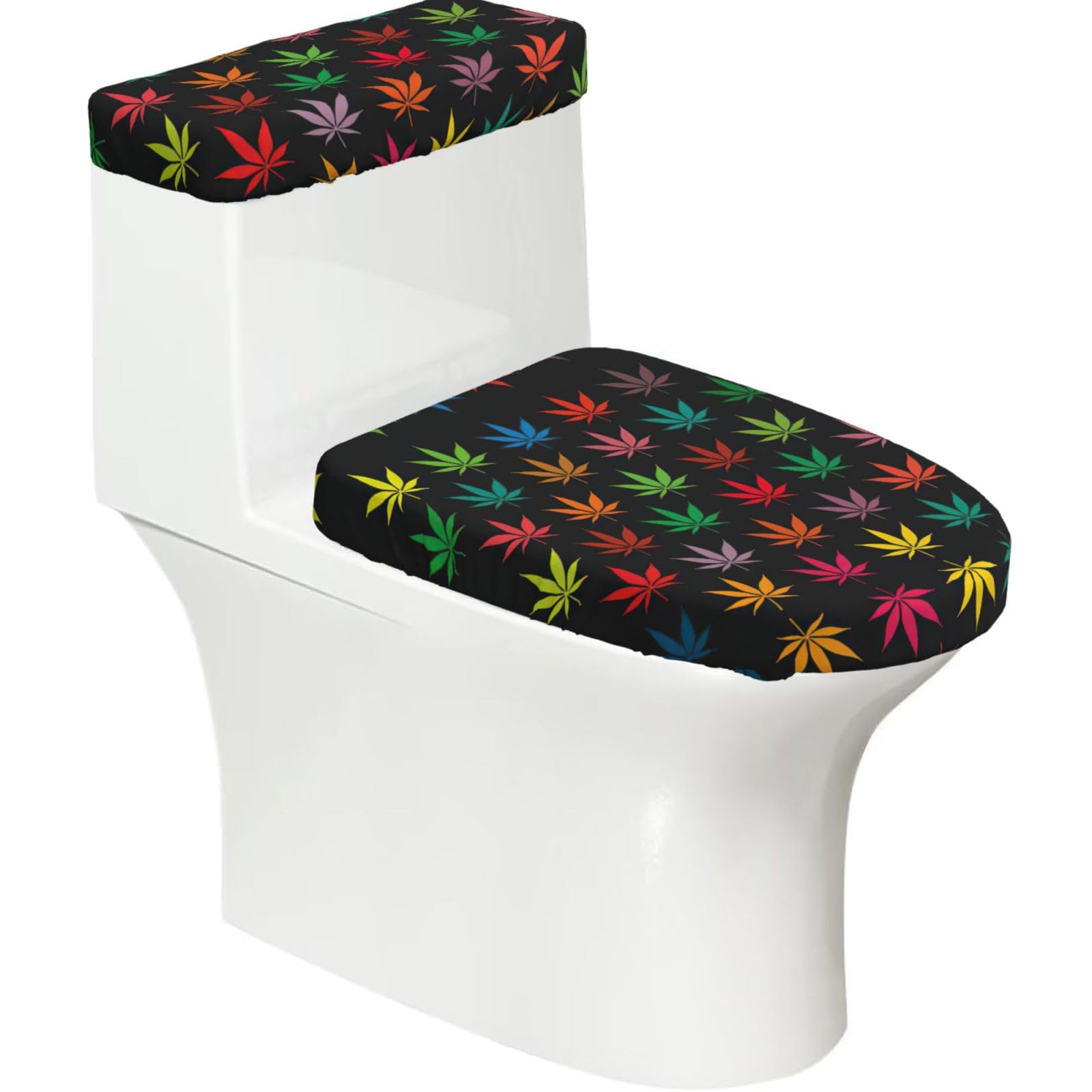 Colorful Cannabis Leaves Printed Toilet Tank and Lid Cover Set of 2 for Most Bathrooms, Fits Elongated Round Toilets