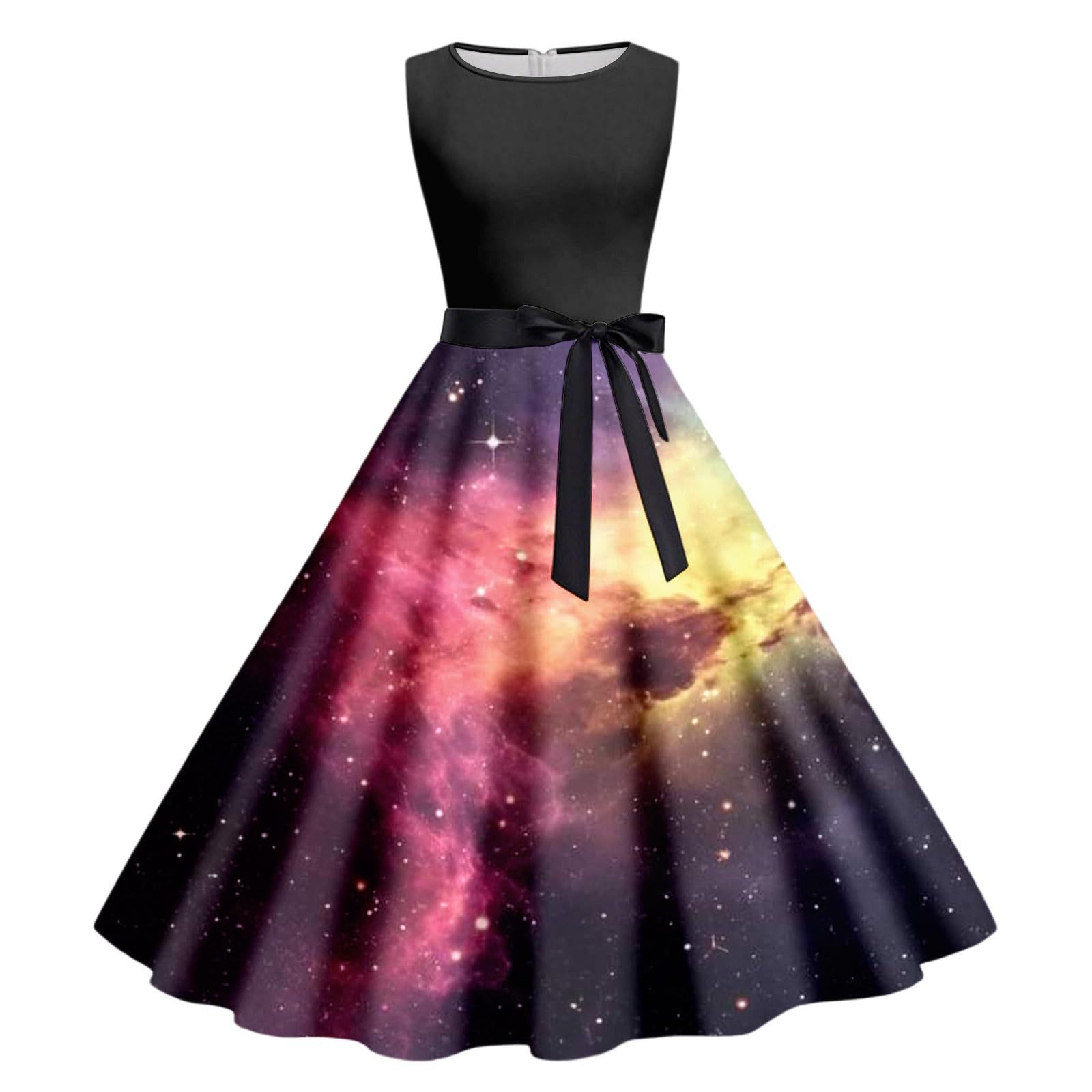 Zanisouta Galaxy Costume Women's Colourful Cocktail Dress Galaxy Dress Long Space Planets Round Neck Swing Skirt Carnival Starry Sky Short Sleeve Dress Space Digital Print Glitter Dress, P Beige, XXL