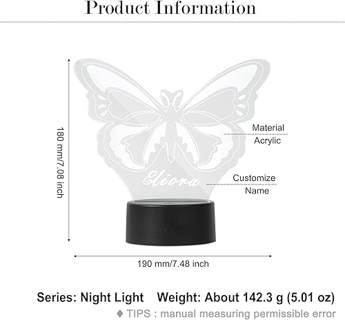 Miniatura 6 de Luz nocturna de mariposa personalizada con cargador USB, lámpara de ilusión de mariposa 3D para niñas, multicolor con nombres personalizados, luz de
