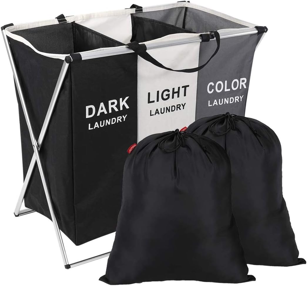 SunGlobal Laundry Basket 3 Sections Laundry Hamper Sorter 135L 26" x 24" x 15" with Foldable Aluminum Frame Multicolor Laundry Sorter and 2PCS 18" x 22" Black Laundry Bags