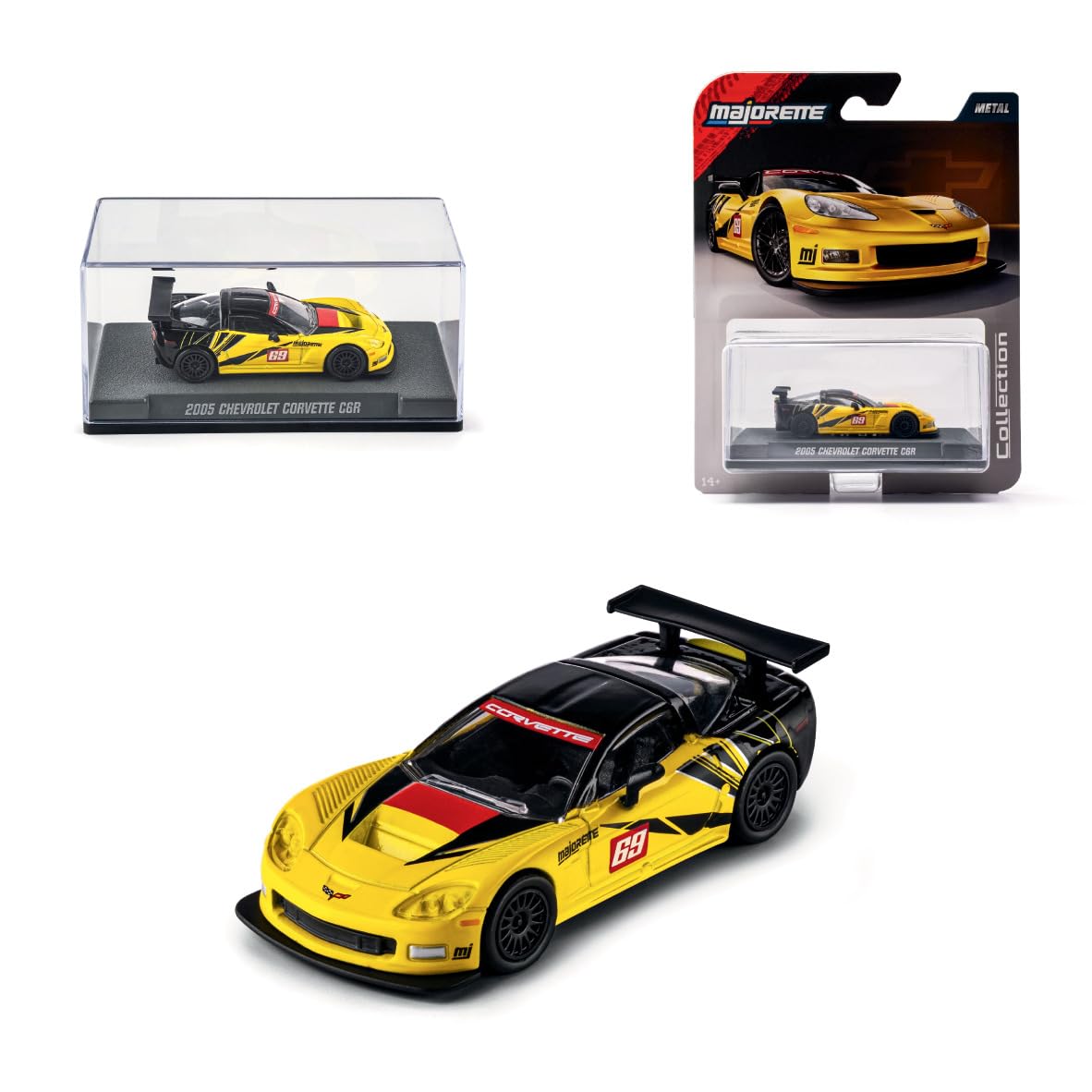 Majorette Collection 2005 Chevrolet Corvette C6 R, Yellow and Black Metal Car, 1:64 Scale, Rubber Wheels, Clear Headlights, Display with Screw, Collector, 14 Years (8505001006)
