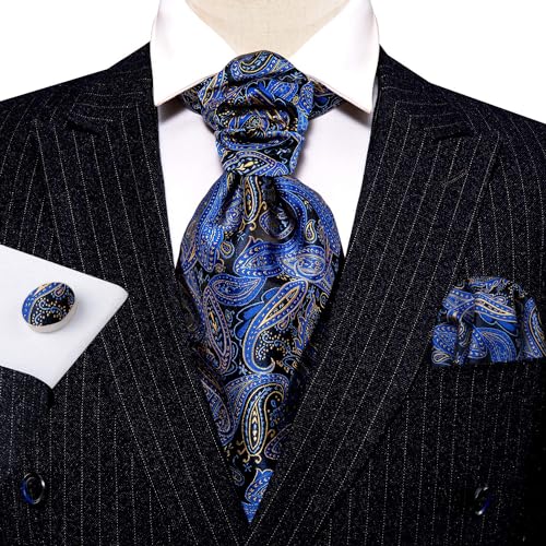 Image of Barry.Wang Ascot Ties Cravat Tie Men Paisley Plaid Scarf Self Tie Pocket Square Cufflinks Set Wedding Party