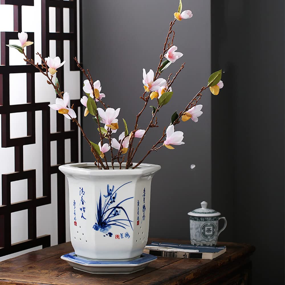 Chinoiserie Jingdezhen Domowa doniczka ogrodowa Ceramiczna doniczka Niebiesko-biała Kryta Doniczka zewnętrzna Starożytny orientalny Klasyczny 10,2 x 10,6 cala