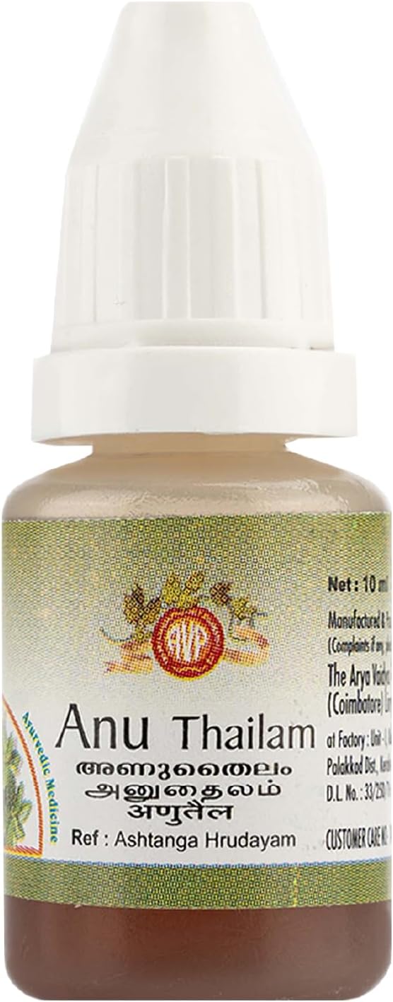 AVP Ayurveda Anu Thailam Nasal Drops 10 ml Ayurvedic Nasal Oil for Sinusitis, Nasal Congestion, Headache & Migraine Relief Supports Clear Breathing, Mental Clarity & Eye Health Natural Herbal Formula
