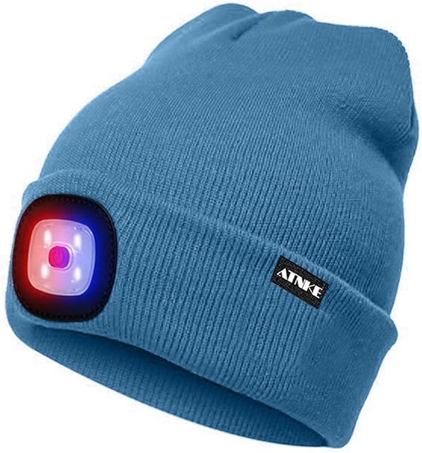 ATNKE LED Lighted Beanie Cap,USB Rechargeable 4 LED Red and Blue Glow Flashing Running Headlamp Hat Winter Warm Gifts for Men and Women