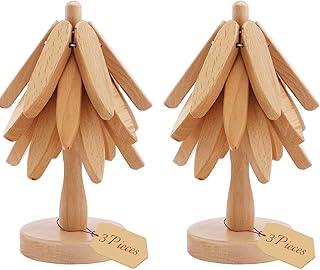 Wooden Trivets Tree for Hot Dishes, 2 Sets Natural Wood Coaster for Hot Pots and Pans, Christmas Tree-Shaped Stackling Trivets with Organizer, 8 Inch Decorative Wooden Hot Pads, 6PCS Light Wood