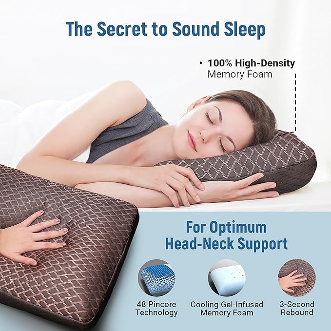 Image of LA VERNE Cooling Gel Infused Pincore Technology Breathable Memory Foam Pillow with 3S Rebound| Cool Gel Cervical Support for Neck & Shoulder Relief (2, Brown, Standard)