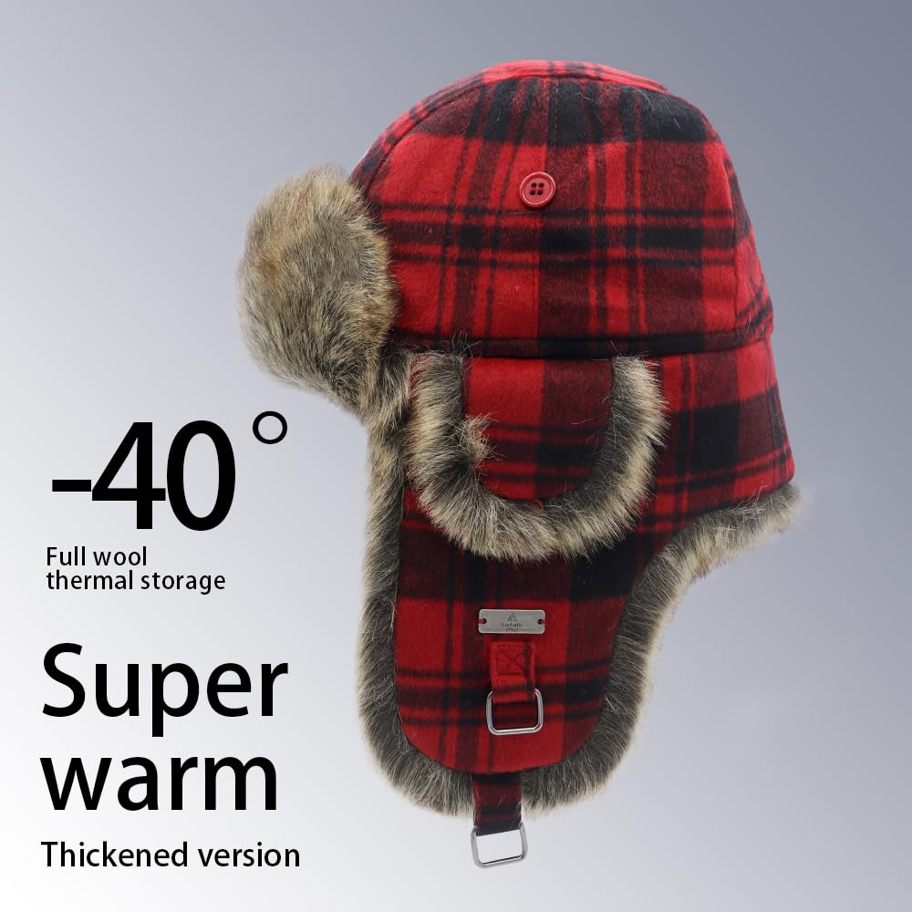 Fliegermütze Winter Wool Mütze Pilotenmütze mit Kunstfell Ohrenschützer für Herren und Damen