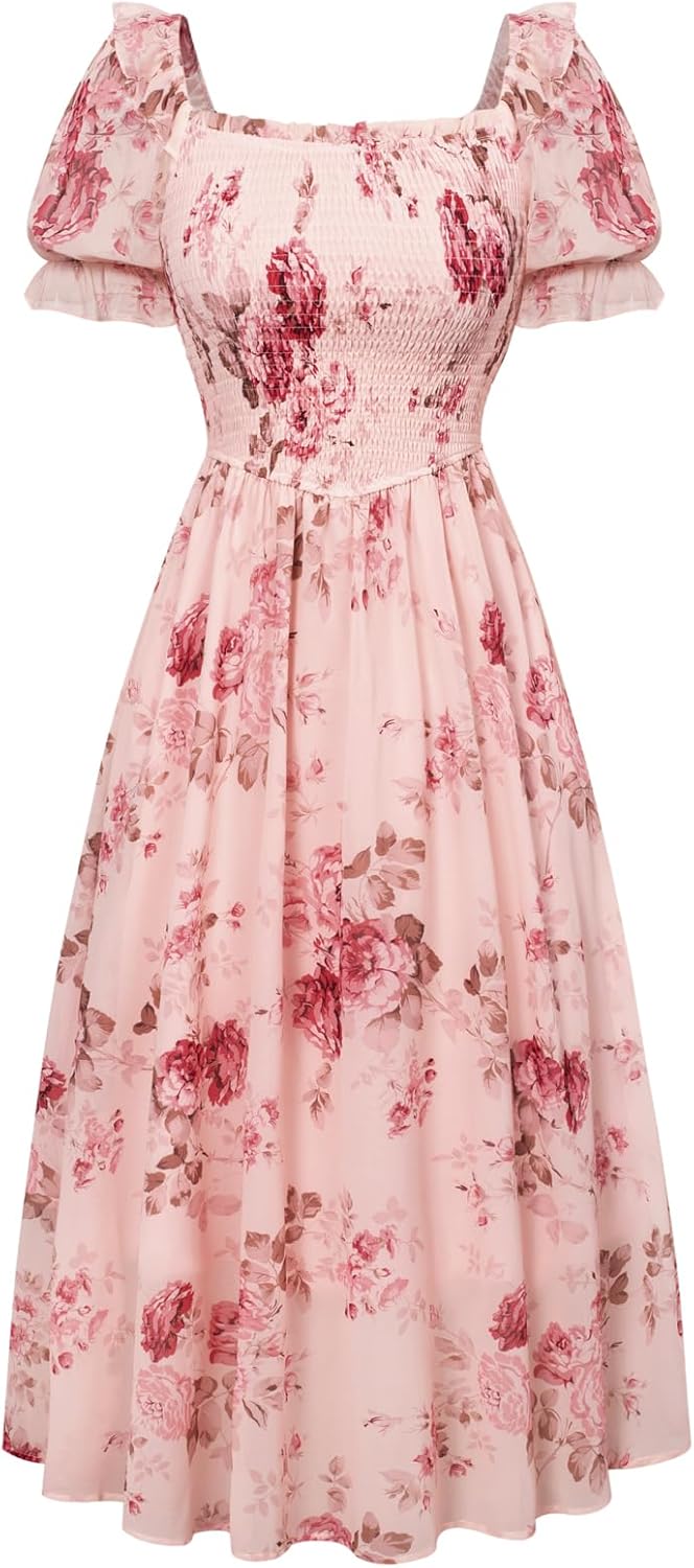 Scarlet Darkness Floral Dress for Women Summer Puff Sleeve Square Neck A Line Flowy Wedding Guest Tea Party Dresses