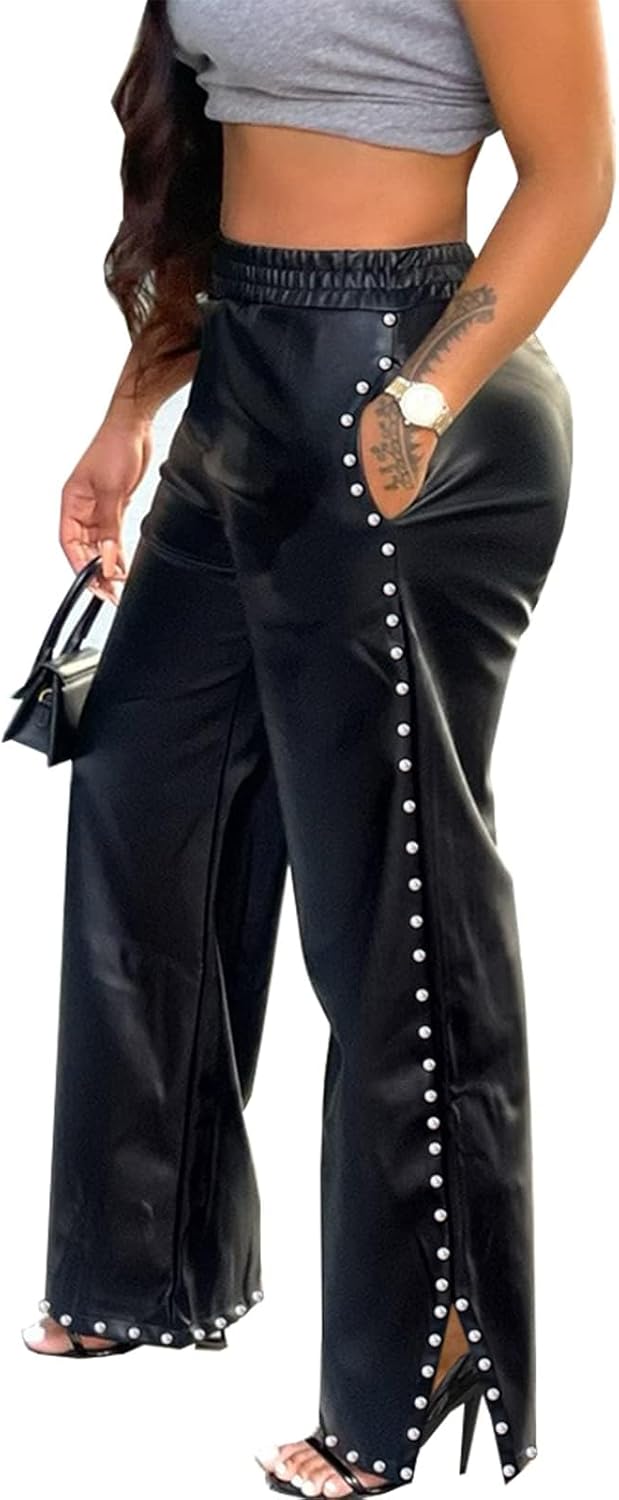 Women's L Wide Leg Faux Leather Pants Rivets Pearls Elastic Waist Beggy Trousers with Pockets