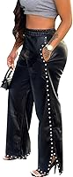LifeShe Women's High Waist Wide Leg Faux Leather Pants with Pearls, Rivets, Pockets & Elastic Waist