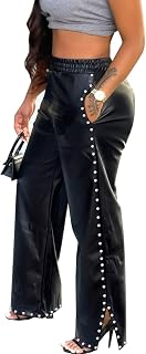 LifeShe Women's High Waist Wide Leg Faux Leather Pants with Pearls, Rivets, Pockets & Elastic Waist