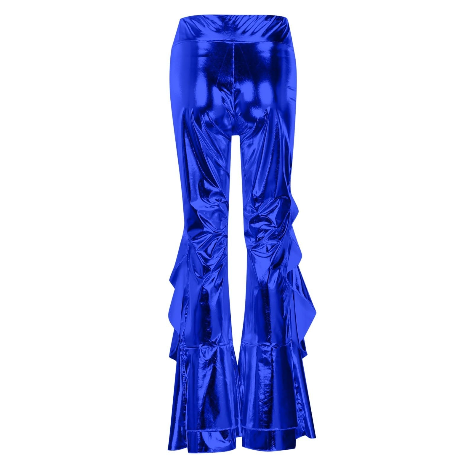 Glitzer Hose Damen Lang Glitzernde Metallic Schlaghose Holographische Farbe Streetwear Hip Hop Glocken Hose mit Rüschen High Waist Weites Bein Tanzhose für Disco, Karneval, Party & Streetwear