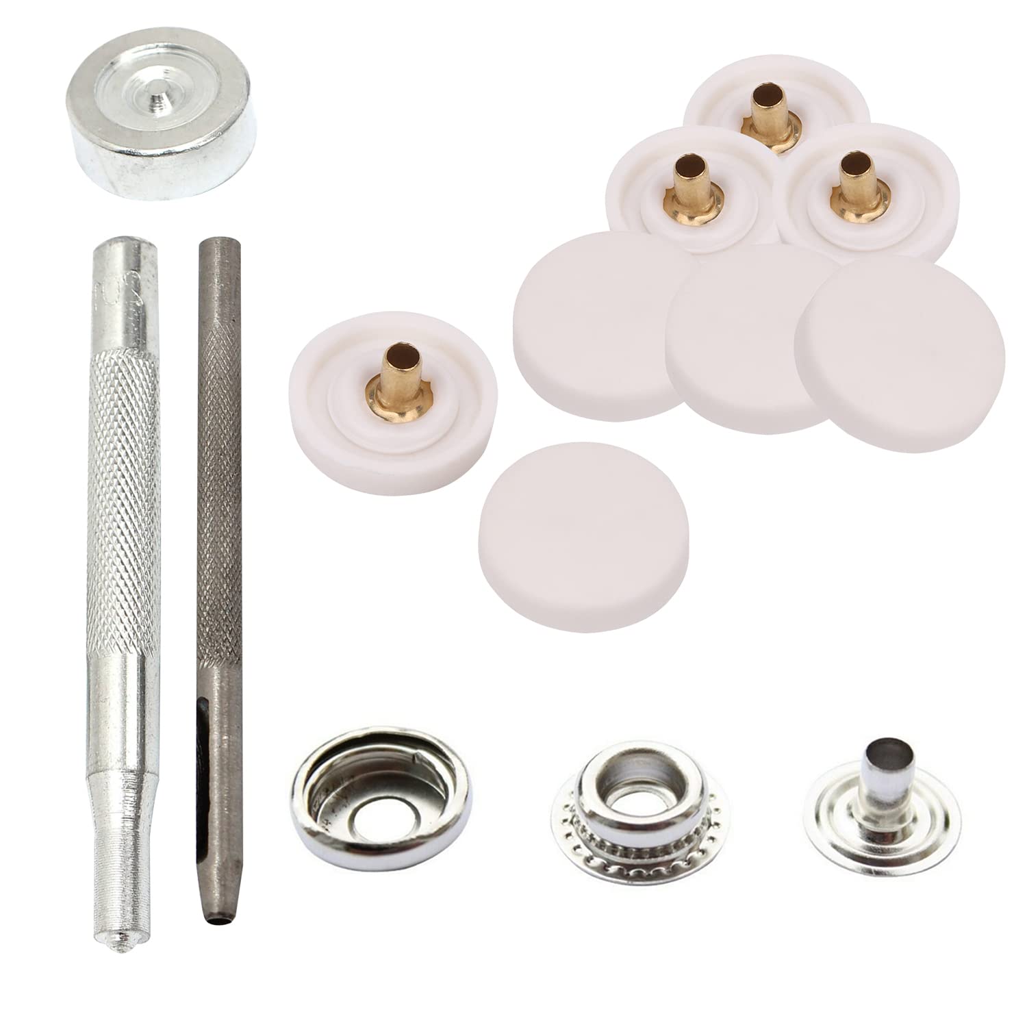 WedDecor 15mm Snap Fasteners with Hand Fixing Tools, White, 10pcs