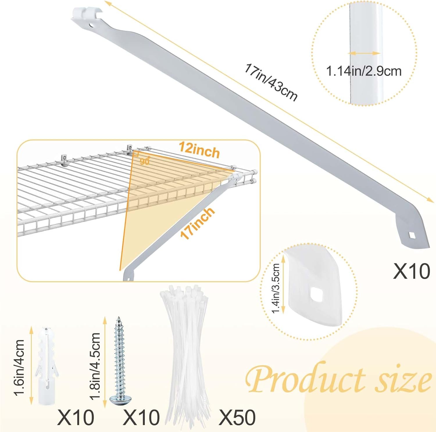 10pcs 12Inch Wire Shelf Brackets, Metal White Closet Support Bracket with Anchors Screws &Tie Hidden Wall Closet Shelving Accessories for Support Wire Closet Shelves Racks (Shelf not Include)