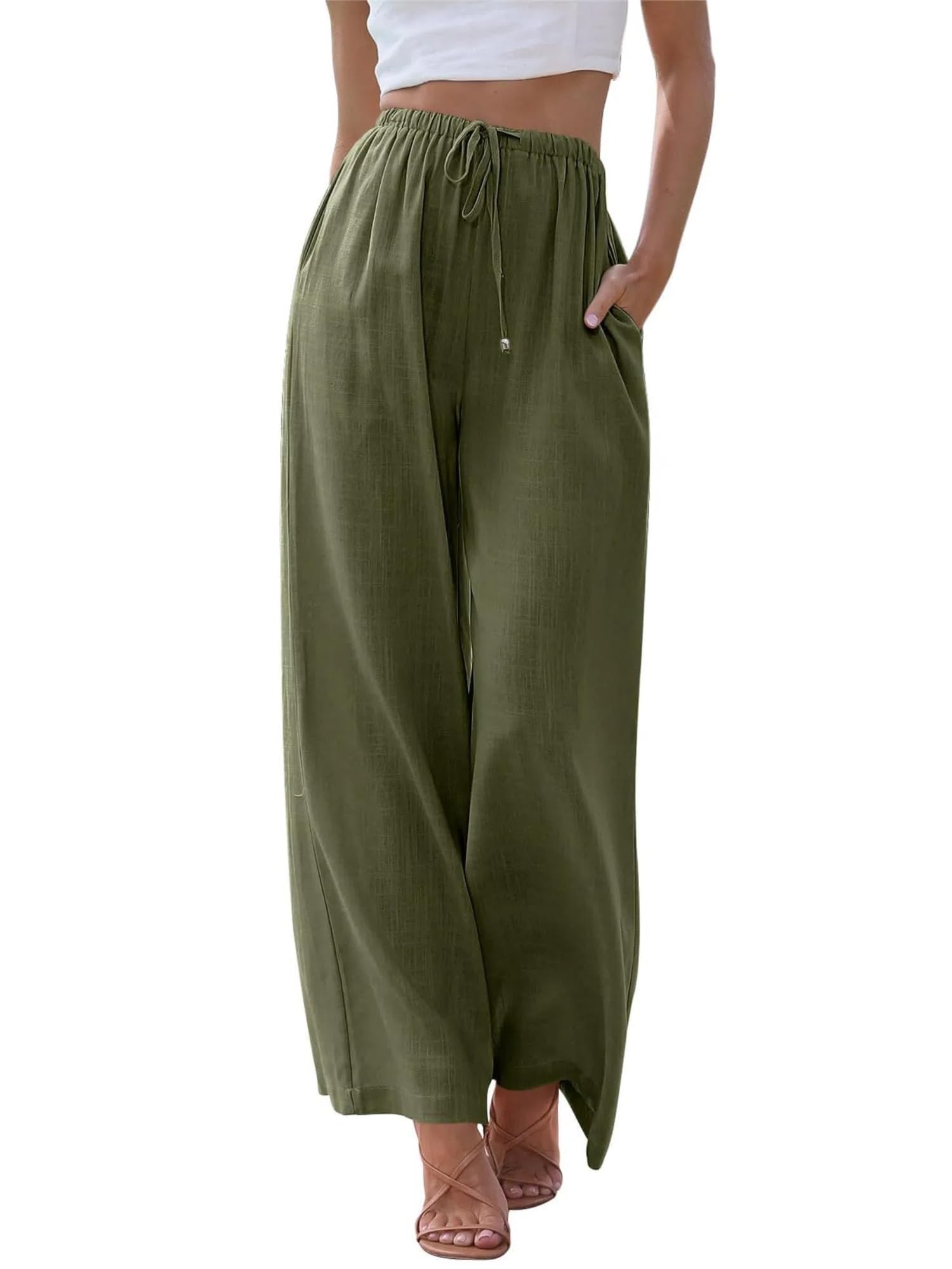 Puimentiua Sommerhose Damen Leicht,Sommer Leinenhosen,Palazzo Hose,Wide Leg Pants,Elegant Stoffhose,Luftig Sommerhosen,Women Leinen,Lockere Hosen mit Weite Bein und Tunnelzug (S-XXL)