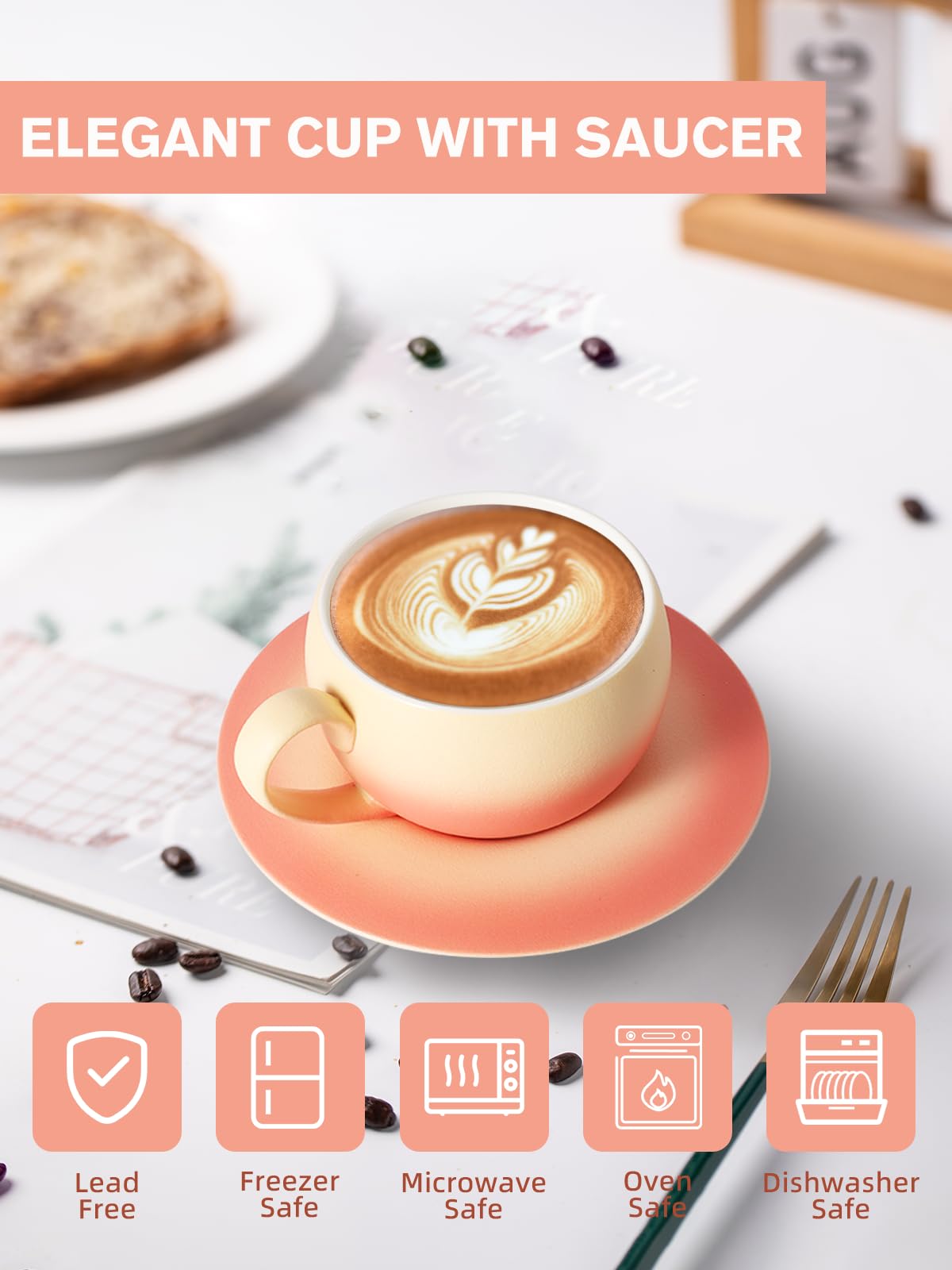 BEOZINZ Ceramic Coffee Cup with Saucer 8.8 Oz Cafe Cup for Latte,Cappuccino,Espresso,Mocha,Coffee,Tea Cup Set,Peach Pink