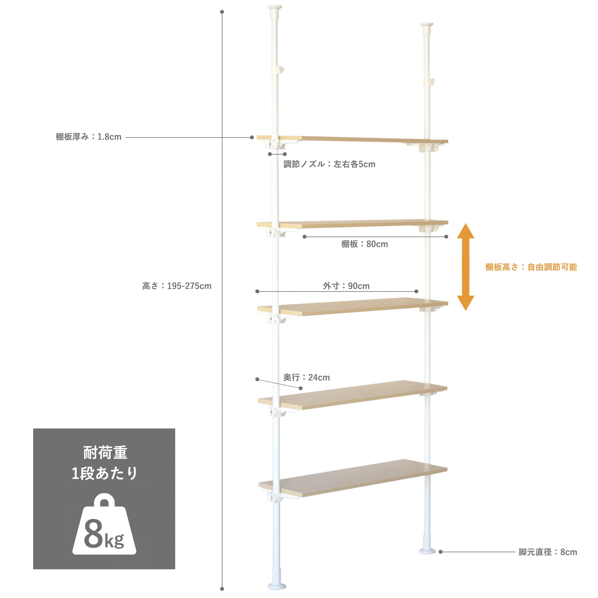 突っ張り棚 天井突っ張り棚 8段 幅85cm 突っ張り デザイン8段ラック 80 大理石調