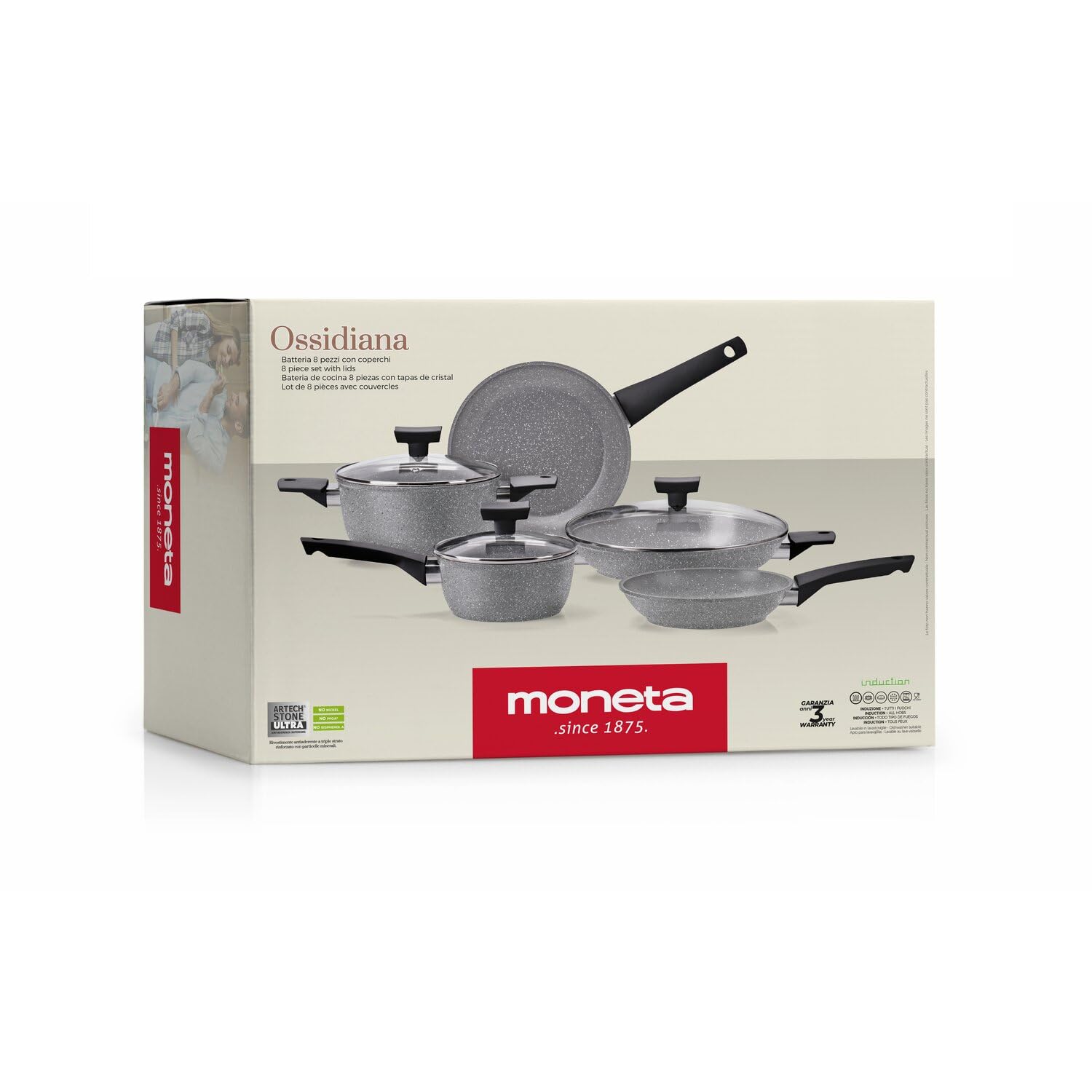MONETA Batteria di Pentole Ossidiana Stone 8 Pezzi - Set Pentole e Padelle Antiaderenti per Induzione, Fondo Spazzolato, Senza PFOA e Nichel, Adatta a Tutti i Pani Cottura