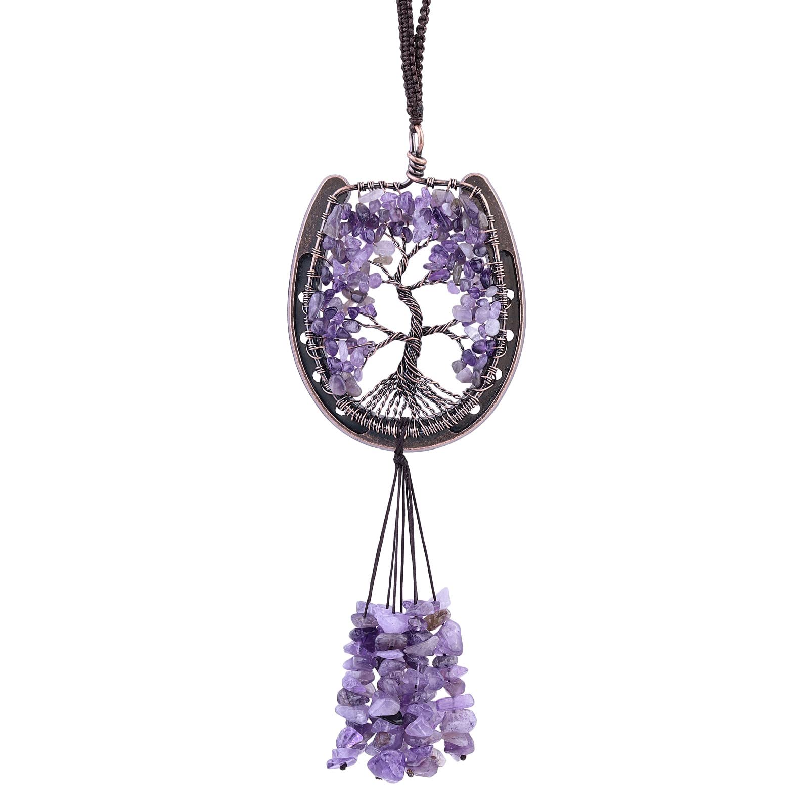 SUNYIK Horseshoe Tree of Life Crystal Hanging Ornament, Handmade 7 Chakra Stone Crystal Wind Chime for Indoor Outdoor Wall Decoration, Amethyst