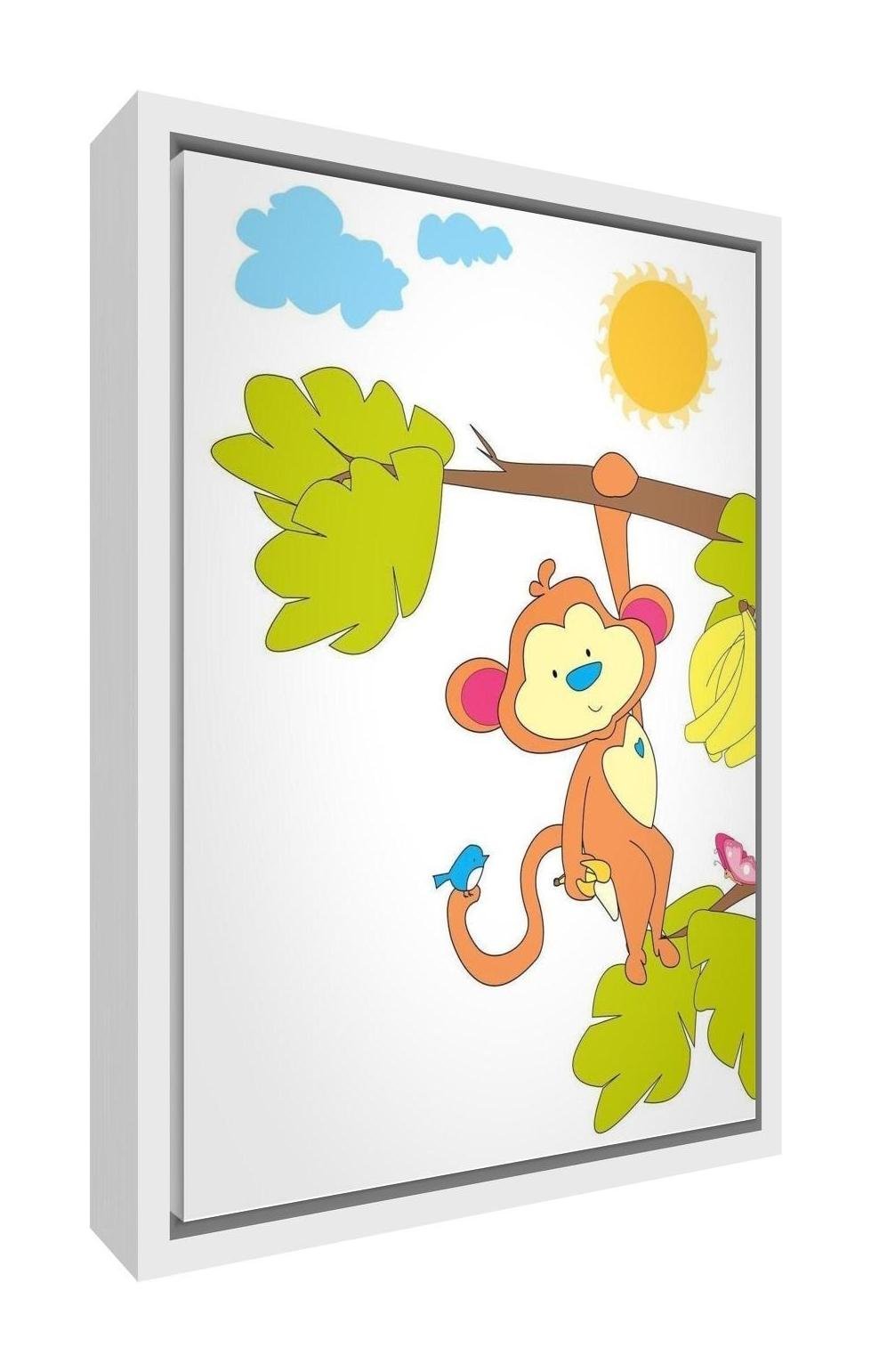 Feel Good ArtEco-Printed & Framed Nursery Canvas with Solid White Wooden Frame ≪Milo The Monkey Swinging in The Tree≫ Multicoloured, 44 x 34 x 3cm (Medium)