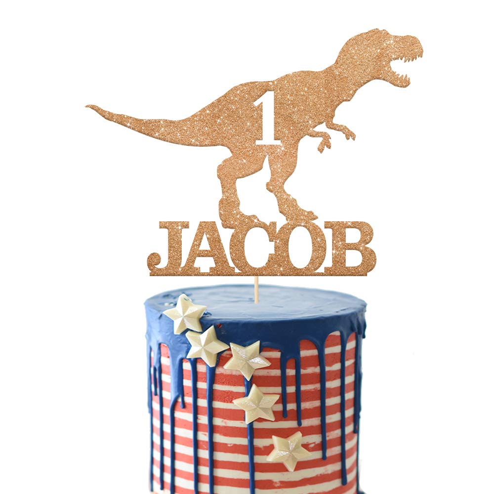 EDSG Personalised Dinosaur Cake Topper | Custom Boy's Name & Age | Multicolour Glitter Dragon Topper for 1st, 3rd, 5th, 7th, 9th, 13th Birthdays (Rose Gold)