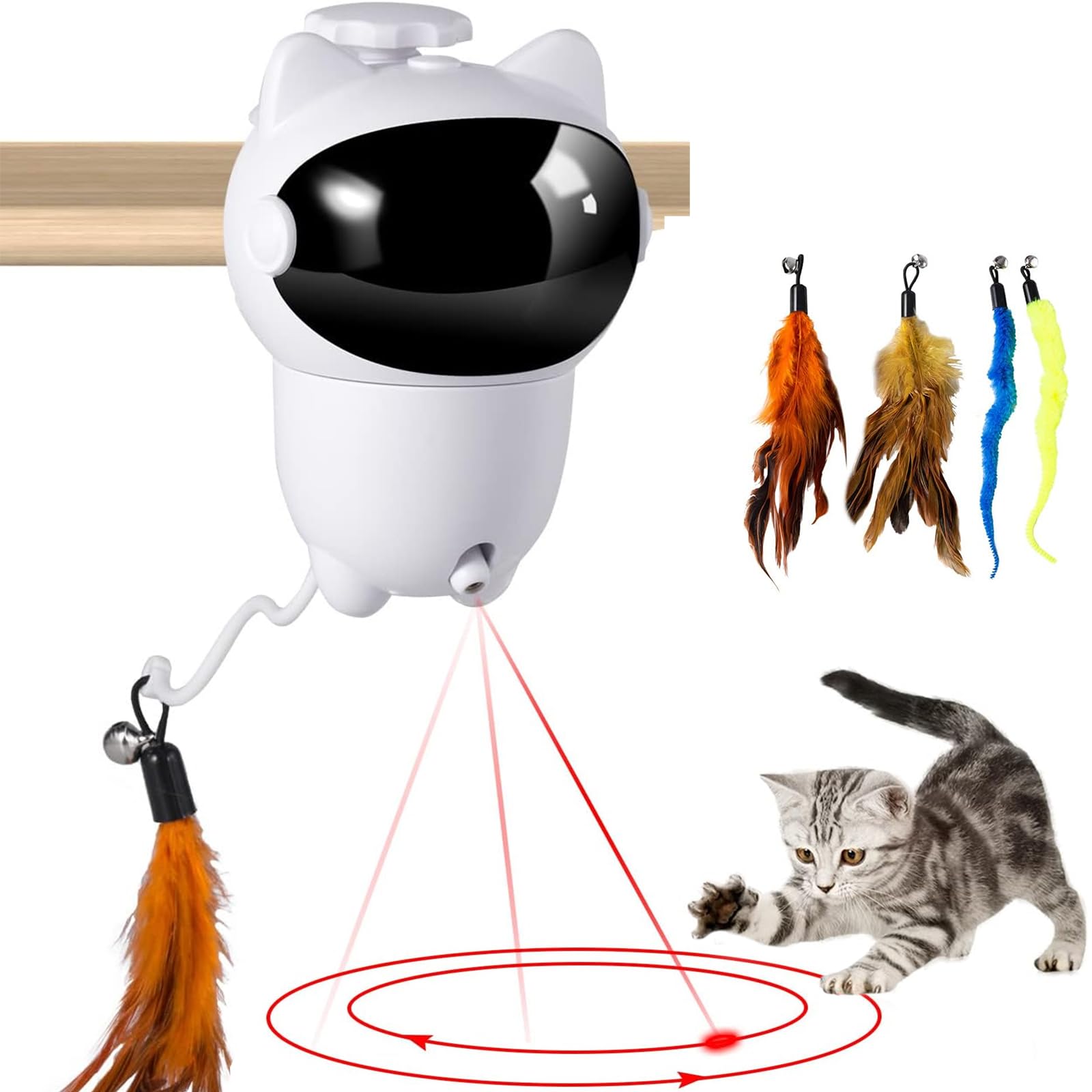 TOPsic Juguetes para Gatos Interactivos, 2 en 1 Juguete Gato Automatico con 4 Plumas para Gatos Juegos Gatos LED Rojo USB Recargable Regalo para Mascotas Interior