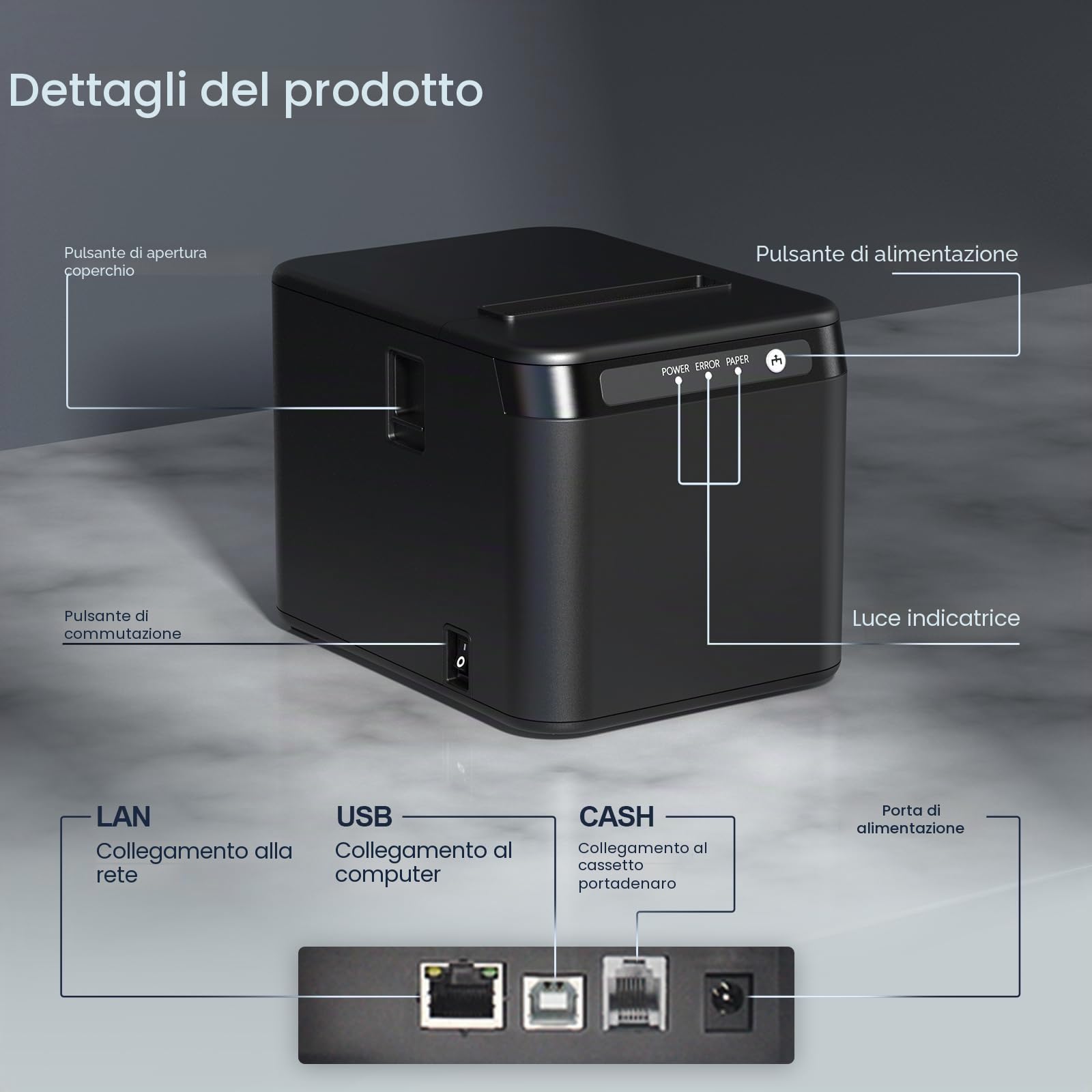 Bisofice Stampante termica da 80 mm, supporta ESC/POS, stampante per ricevute, stampante POS per il taglio automatico, nero (200 mm/s, USB + porta Ethernet)