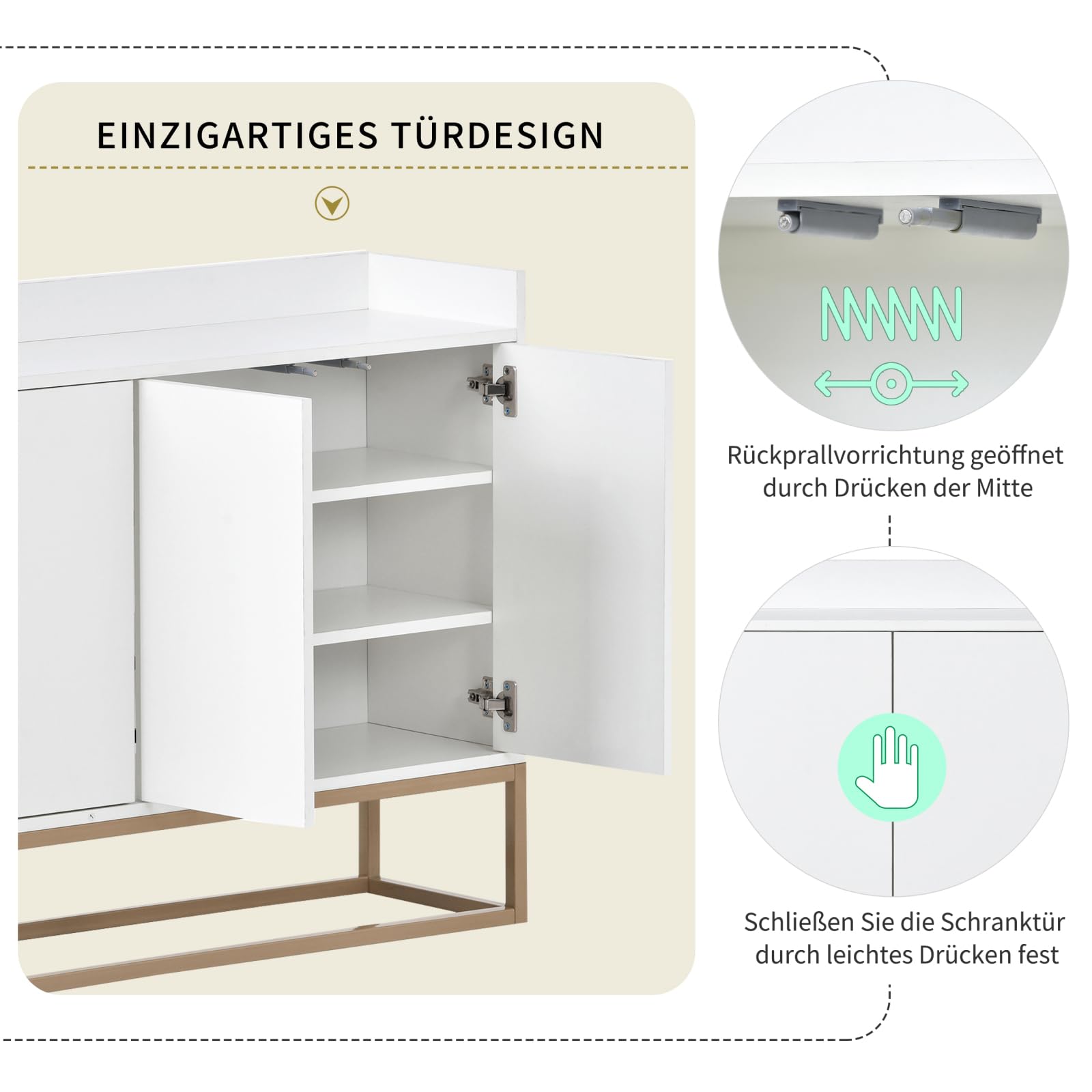 Aufbewahrungsschrank mit Tür, Schrank mit Regal, Buffet, Esszimmer, Wohnzimmer, mit 4 Türen und höhenverstellbarem Regal, für Wohnzimmer, Schlafzimmer, Flur (weiß)