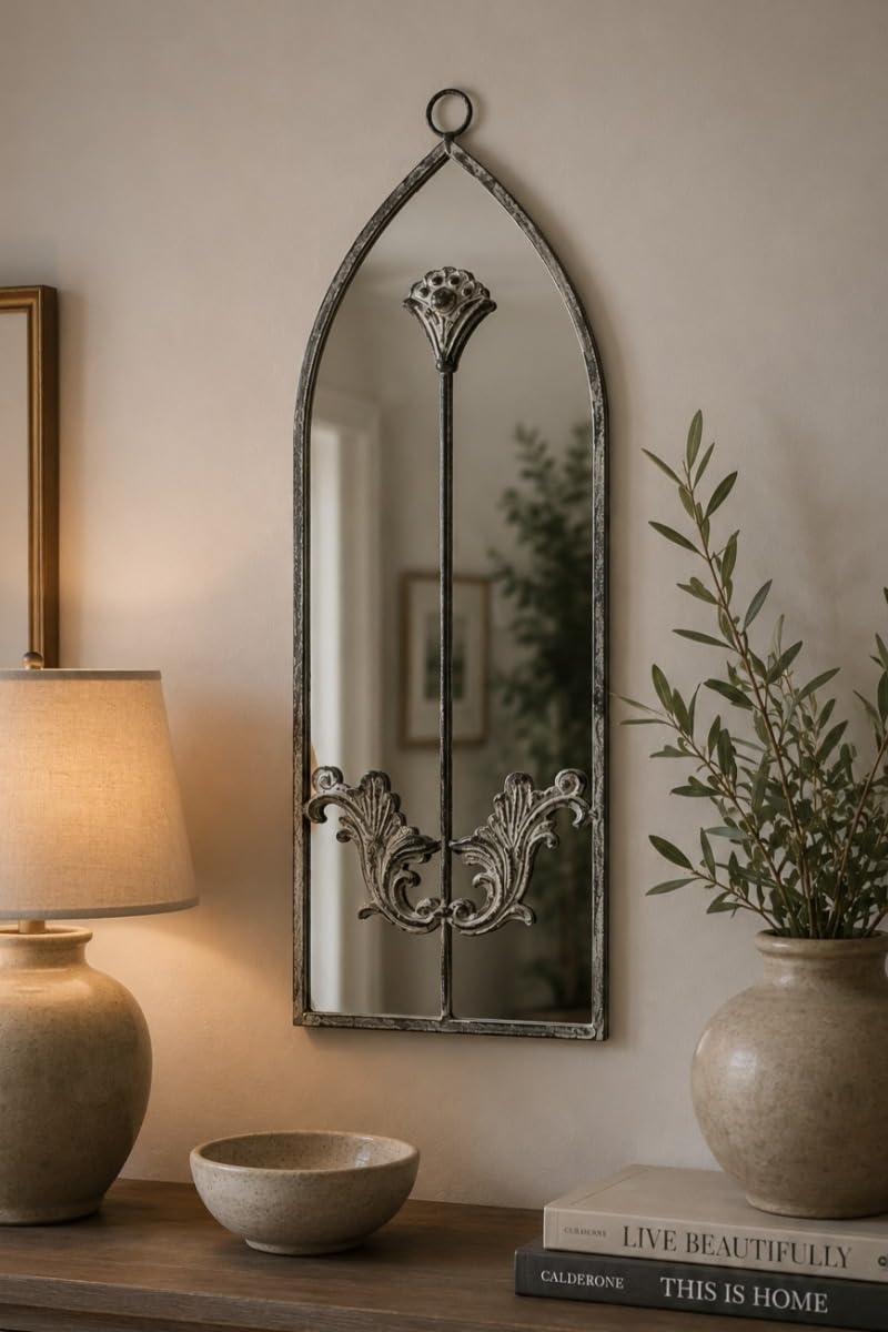 MirrorOutlet The Arcus - Concrete Colour Framed Modern Arched Wall Mirror 24" X 8" (60CM X 20CM) Silver Mirror Glass with Black All weather Backing.
