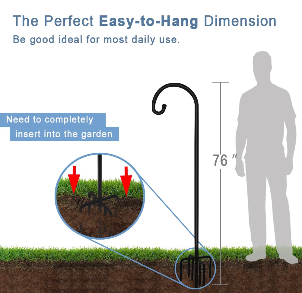 Artigarden 76 inch Outdoor Shepherd Hook with 5 Prong Base (2 Packs), Adjustable Heavy Duty Garden Hanging Stake for Bird Feeder Solar Light Plant Hanger Wedding Decor, Matte Black