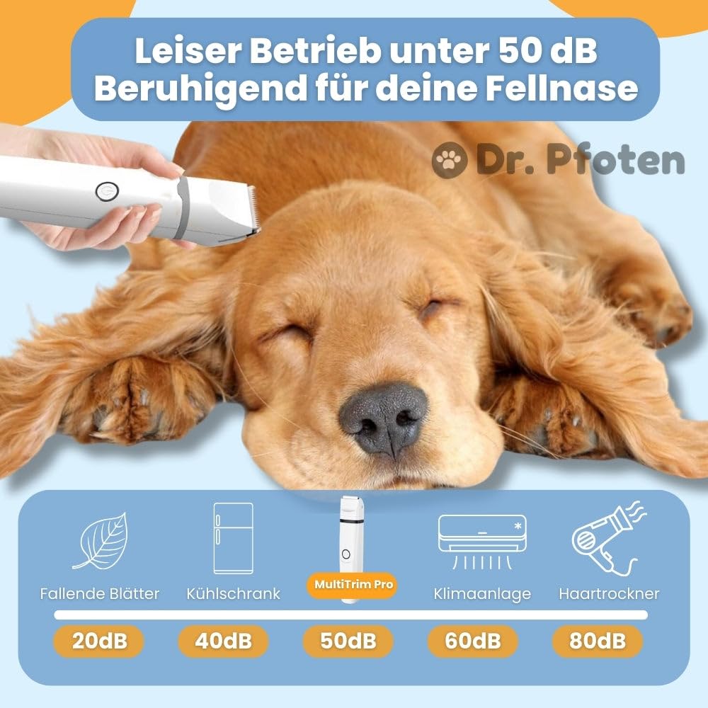 dr pfoten MultiTrim Pro - Die stressfreie 4-in-1 Hundeschermaschine Leise Schermaschine für Hunde und Katzen, IPX7 Wasserdicht Profi Trimmer mit 4 Trimmerköpfen, Pfotentrimmer