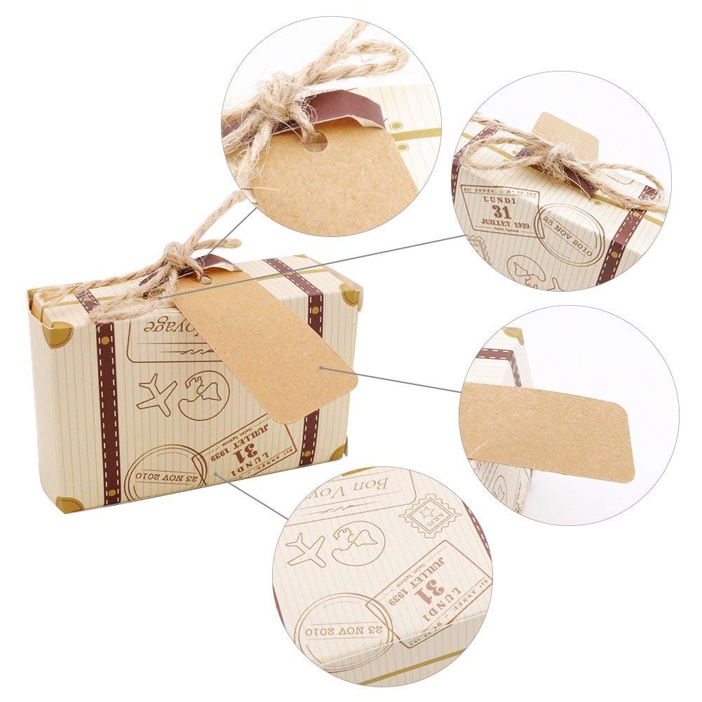 Aotoer 50 scatole vintage per bomboniere, valigie vintage con portachiavi a forma di aereo, etichette in carta kraft e spago di iuta per feste a tema viaggi, addio al nubilato, decorazioni per