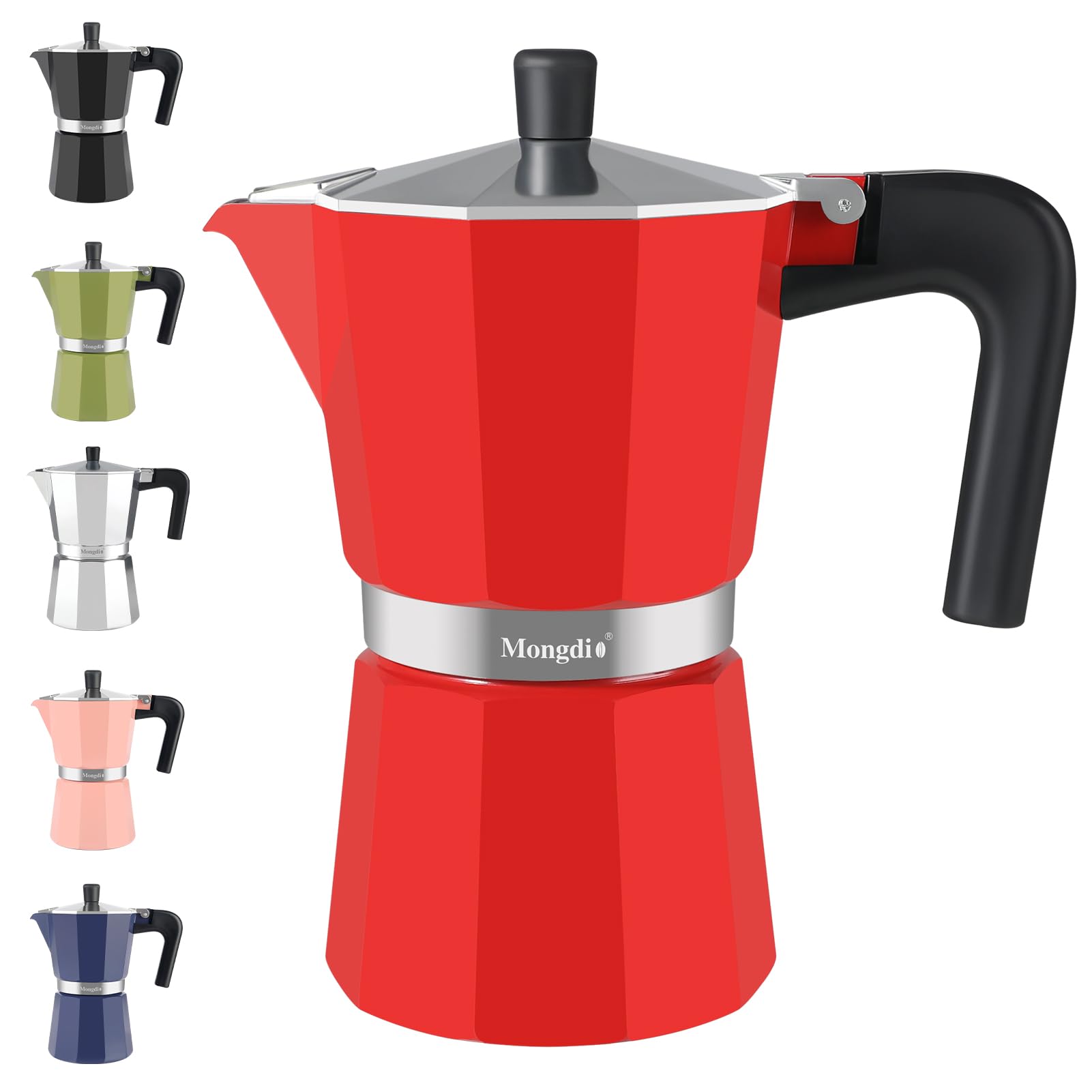 Mongdio Stovetop Espresso Maker Moka Pot, Stove Top Cuban Coffee Maker, Italian Greca Mocha Pot, 9 Espresso Cups, 15 oz - Red