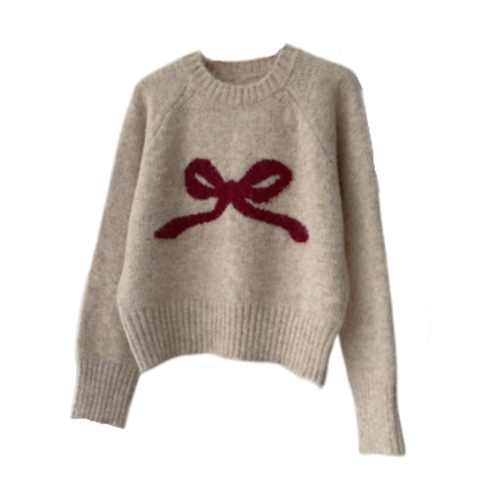 Bow Sweaters for Women Cute Trendy Loose Fit Knit Sweater Crew Neck Long Sleeve Y2K Bow Print Cropped