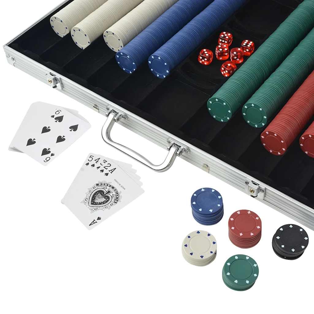 Set da poker da 1000 fiches in valigetta in alluminio con 3 mazzi di carte e pulsante Dealer