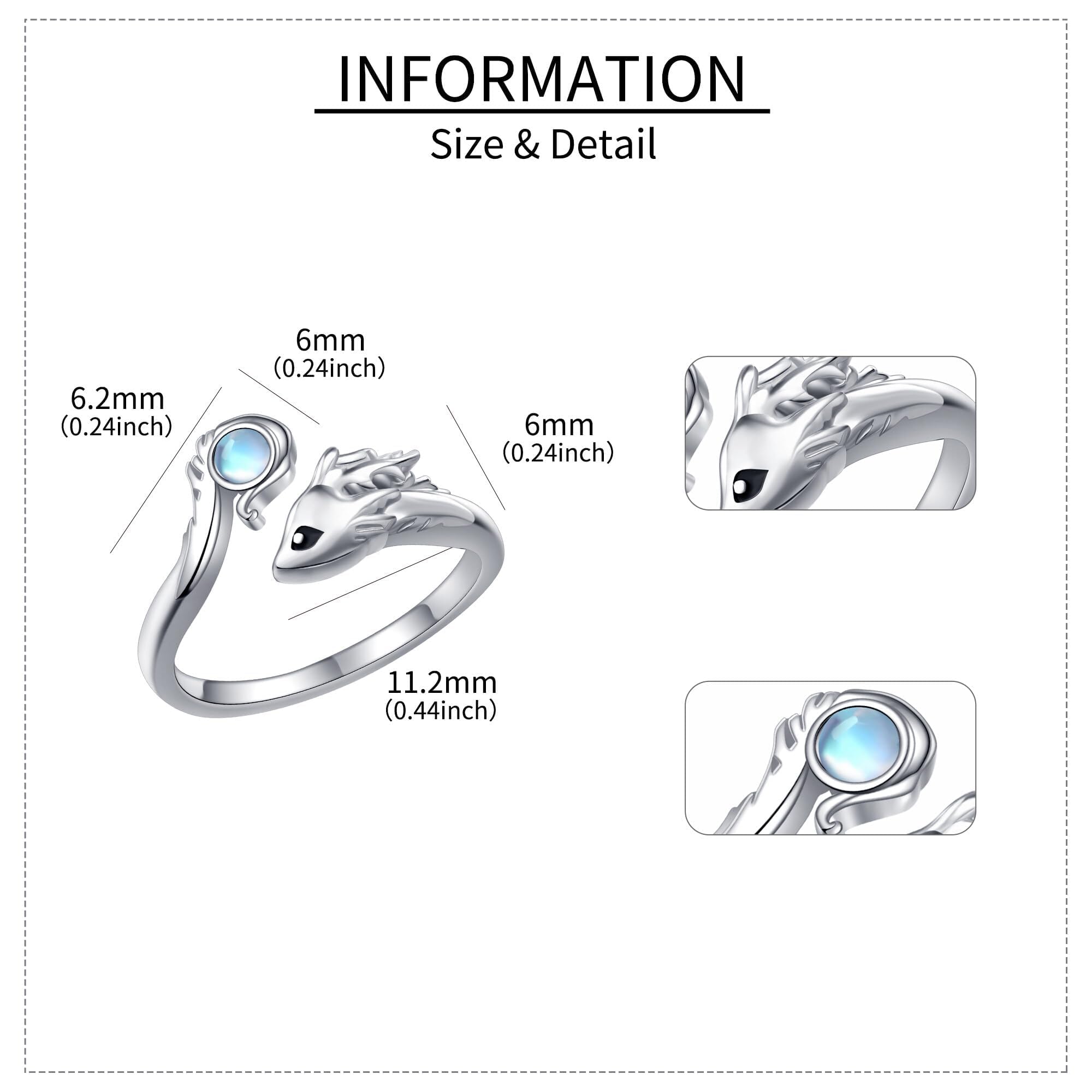 Mondstein Drachen Ringe für Damen Sterling Silber Verstellbare Ringe Drachen Muttertag Schmuck Weihnachten Geschenke für Damen Frauen