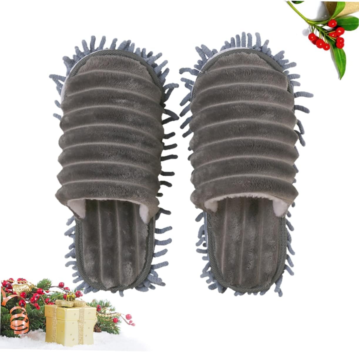 1 Pair Furry Stripes Floor Cleaning Slippers with Detachable Bottom Size Grey Unisex Mopping Slipper for House Cleaning Tool Supplies