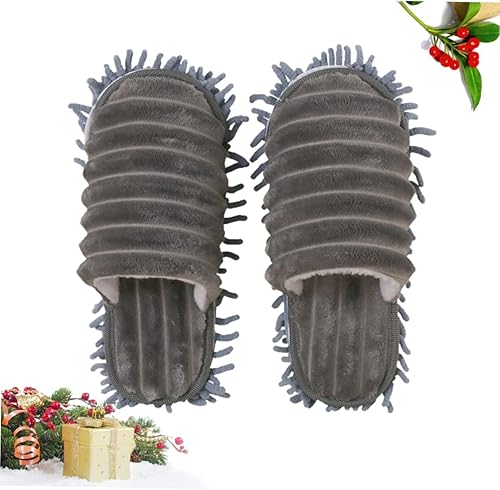Miniatura 4 de 1 par de pantuflas de limpieza de pisos de rayas peludas con tamaño inferior desmontable, color gris, unisex, zapatilla de trapeador para