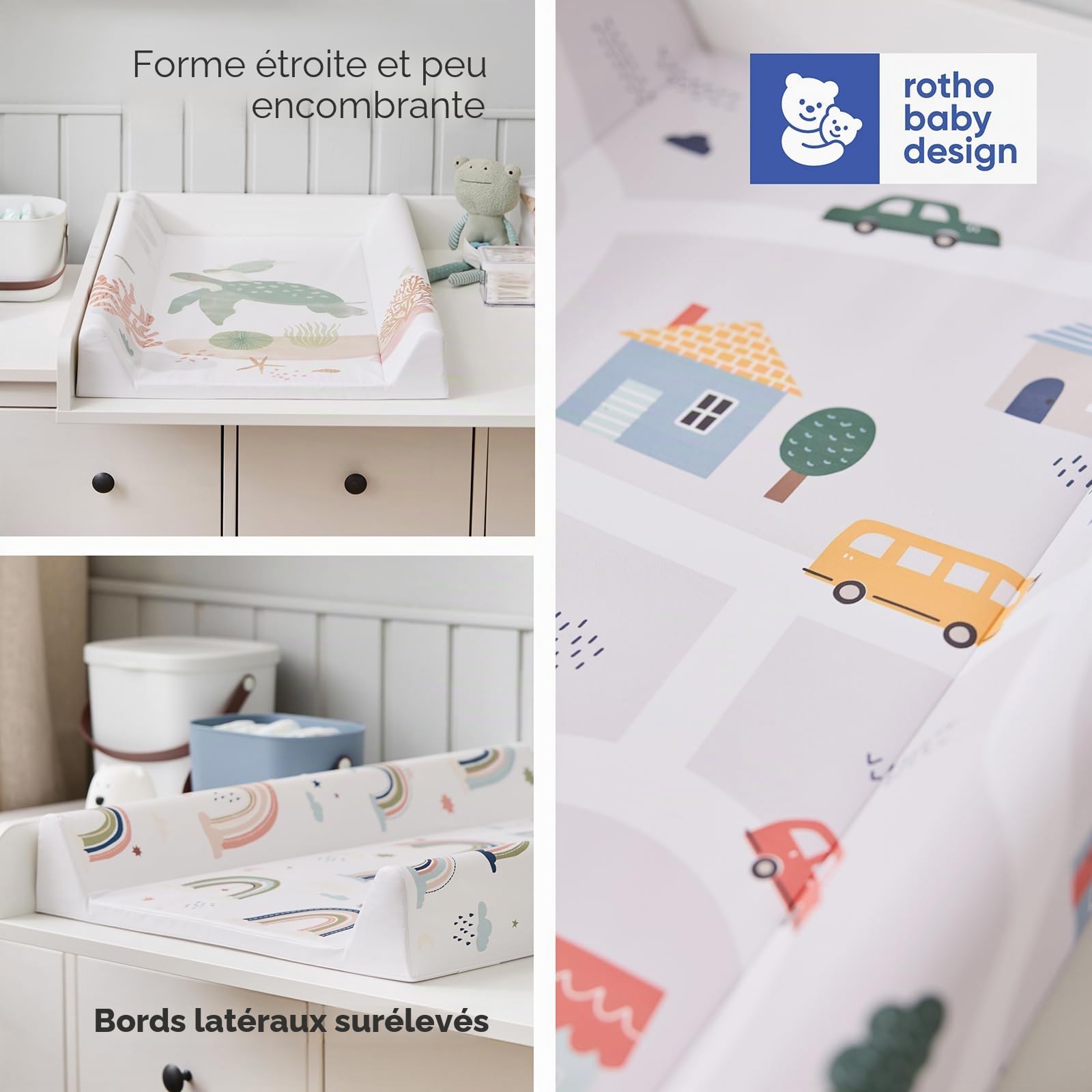 Rotho Babydesign Matelas à langer en forme de cale (50 x 70 cm) - matelas à langer - housse pour table à langer - lavable - tapis à langer - imperméable - motif Boho Rainbow