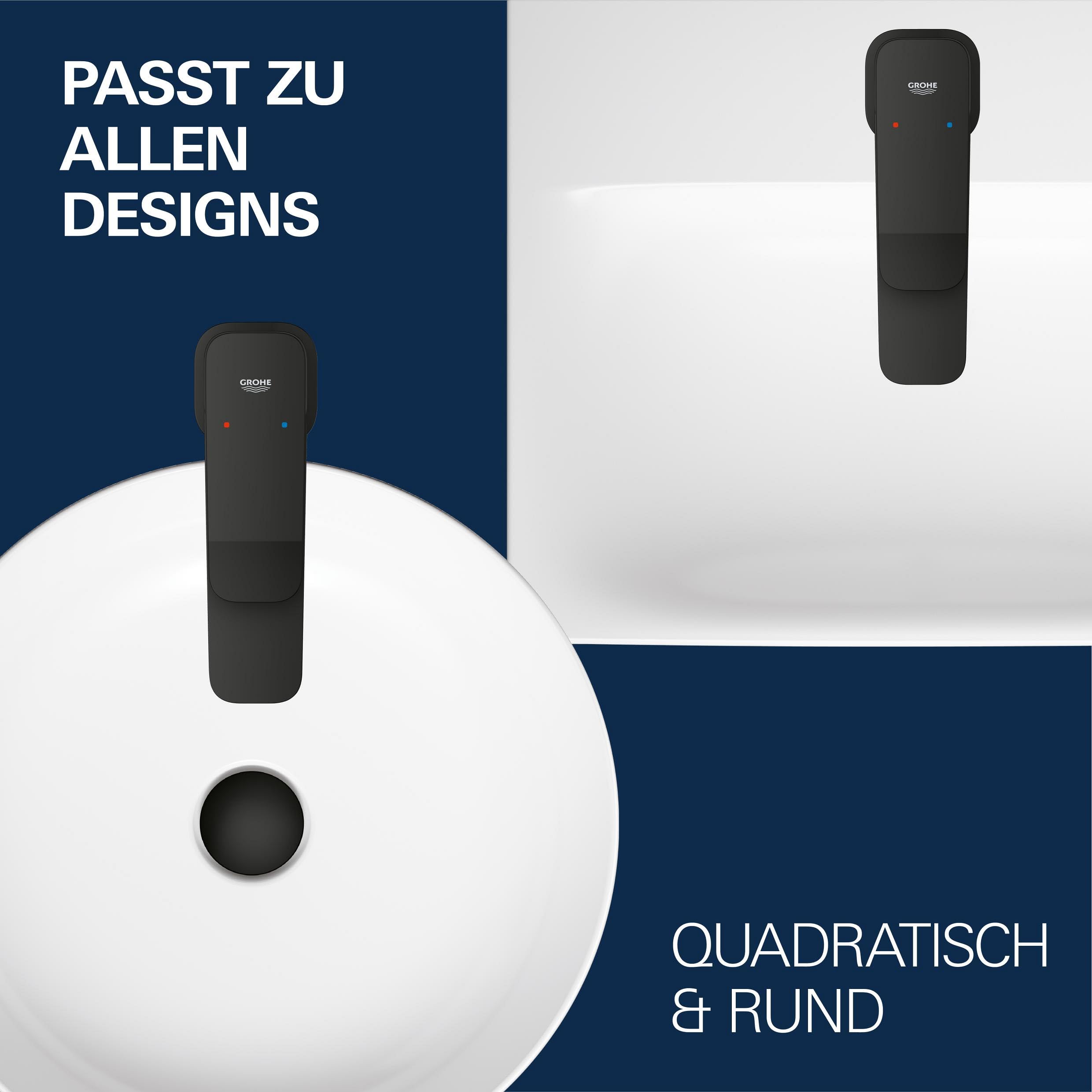 GROHE Dice, Waschtischarmatur hoch, wassersparend (Wasserhahn für das Bad, Badarmatur mit Zugstangen-Ablauf, 27cm hoch, 3in1 Werkzeug, einfache Installation am Waschbecken), mattschwarz, 1018922430