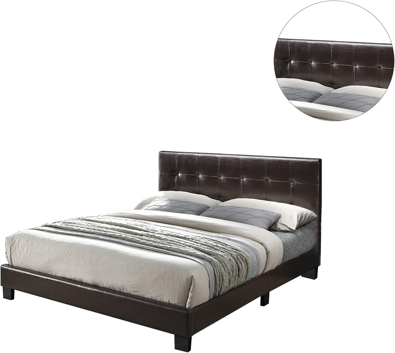 Poundex Twin Faux Leather Upholstered Bed, Brown