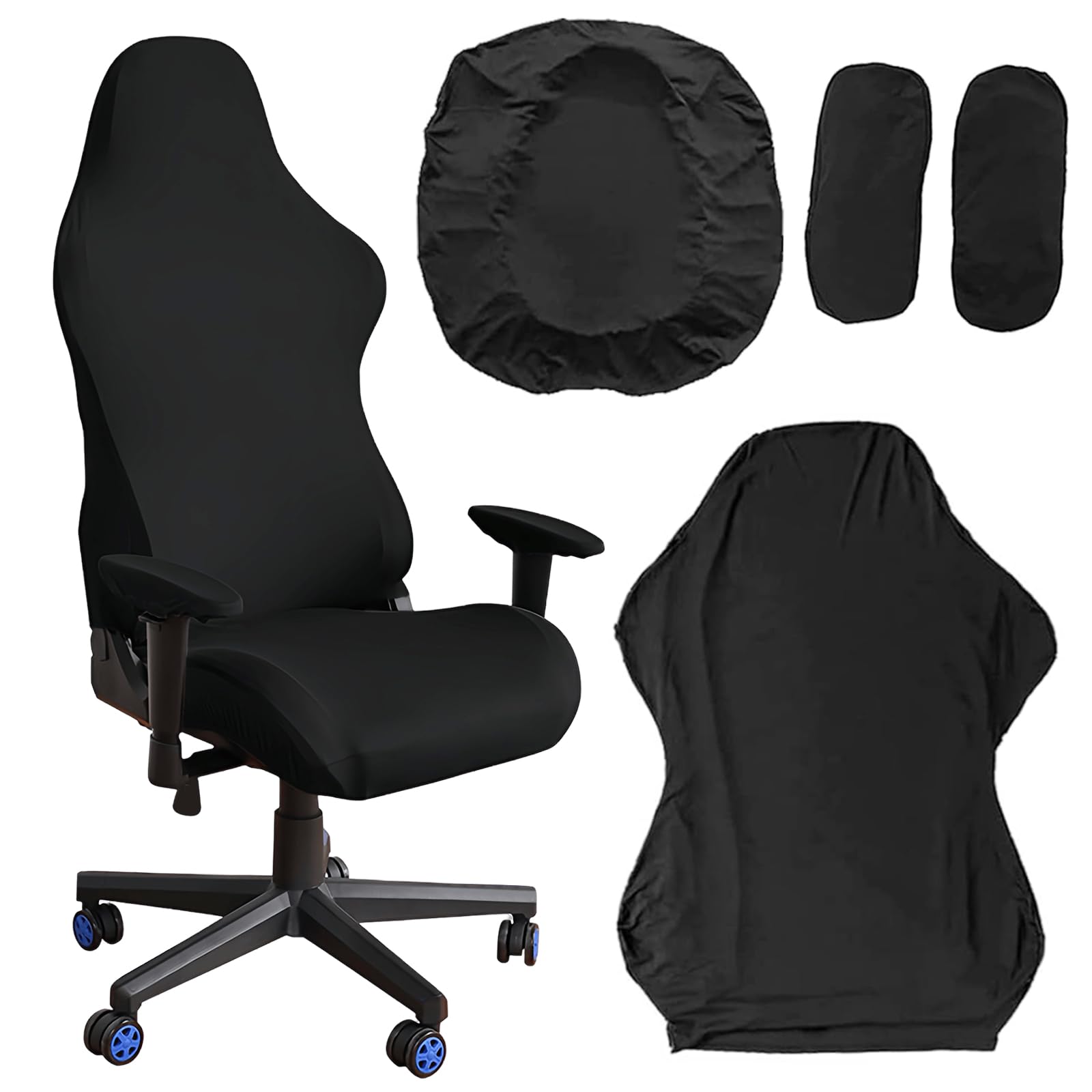 Sporgo Juego de 4 fundas para silla de videojuegos, elásticas, extraíbles, lavables, con reposabrazos, para silla de oficina, para gaming, silla de ordenador, giratoria, color negro