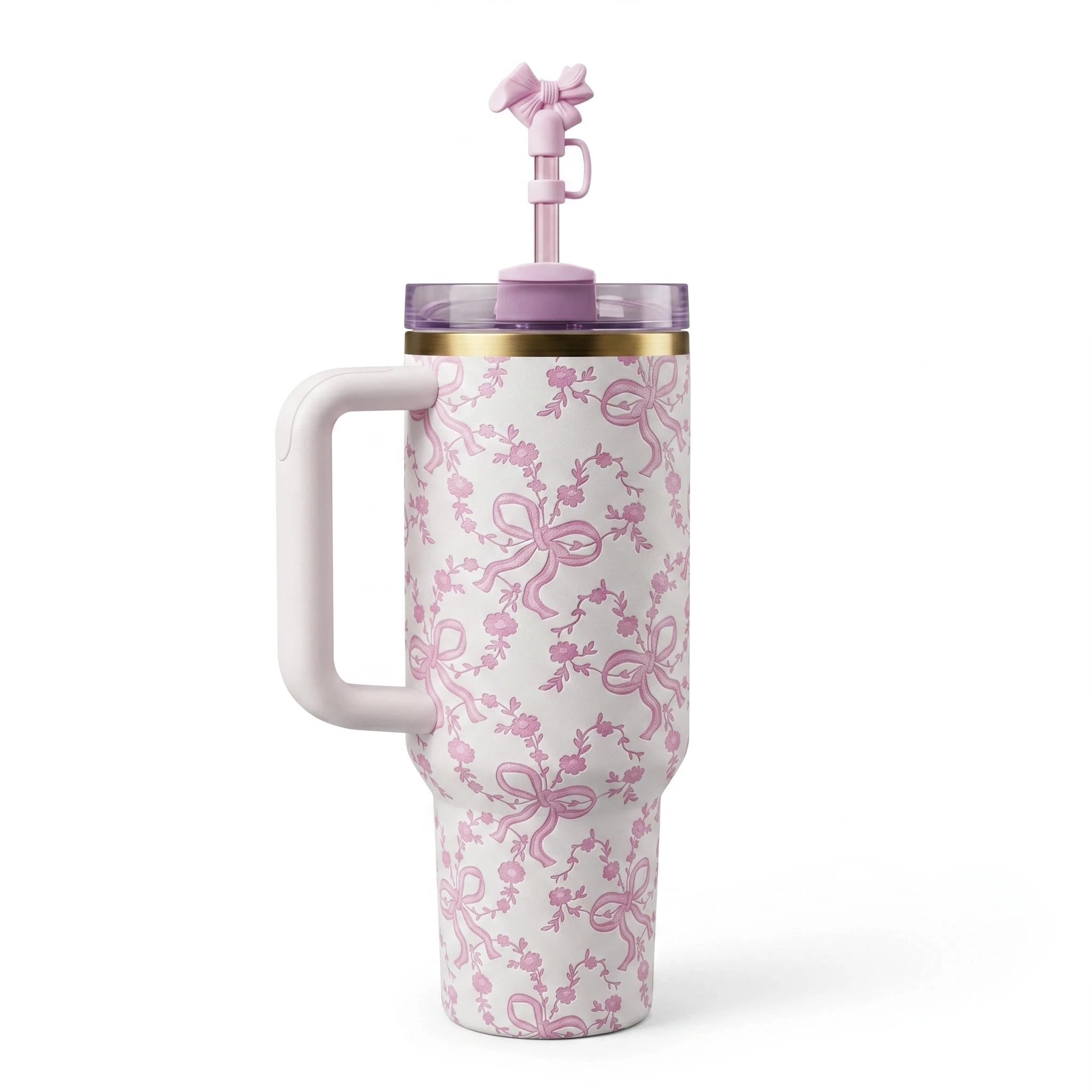 Vaso térmico de 40 oz con tapa y paja, vaso aislado de acero inoxidable con mango y paja, vaso de viaje con lazo y estampado floral para mujer, novia (Coquette