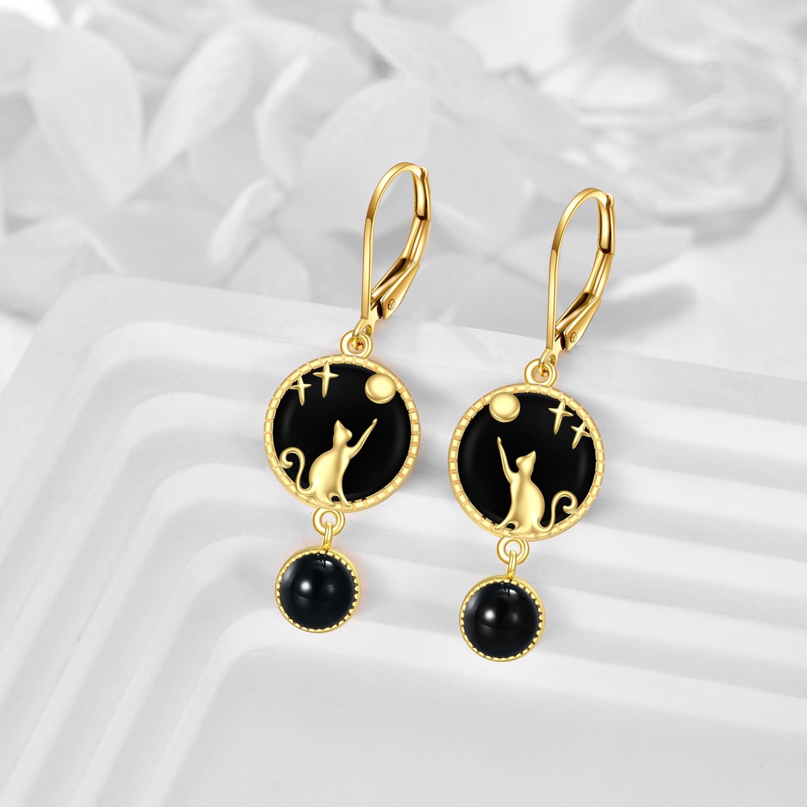 Schwarze Onyx Katze Ohrringe Sterling Silber - 18 Karat Vergoldete Leverback Tropfen Schmuck Geschenke für Damen Mädchen
