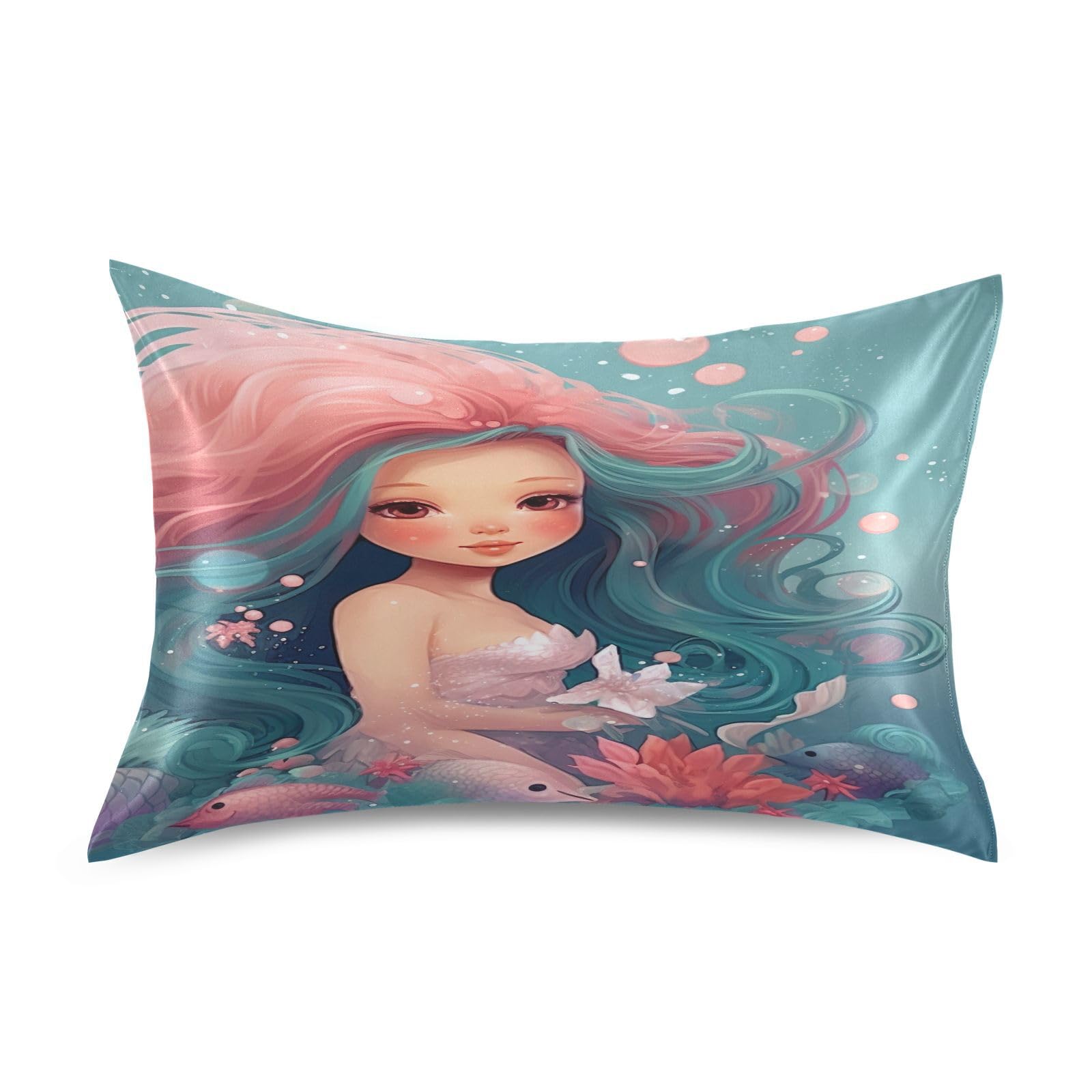 FLildon Satin Pillowcase Pink Mermaid Girl Pillow Cases Soft Silky for Hair and Skin with Envelope Closure, Queen Size, 1 Pack