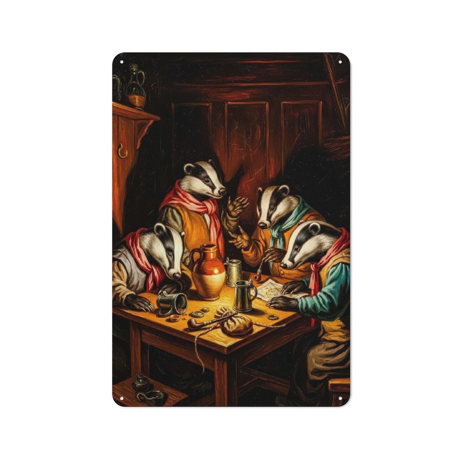 Anthropomorphic Badgers at Tavern Table Painting Classic Metal Wall Decor 30x20cm, Office Metal Sign for Workspace, Cafe, Shop Or Desk Area
